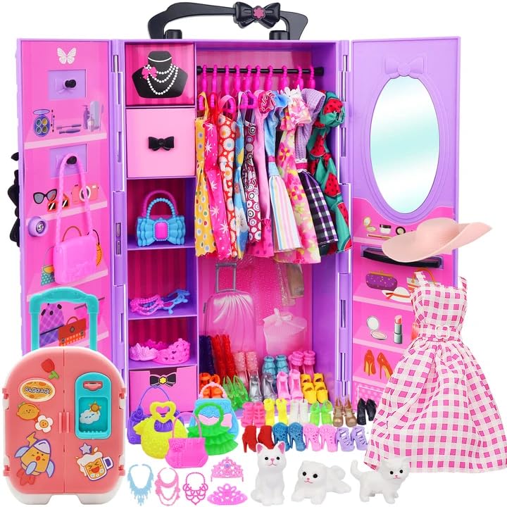 K.T. Fancy 83 Pcs Dolls & Accessories with Purple Closet Wardrobe — Dress Up Set for 11.5-Inch Dolls