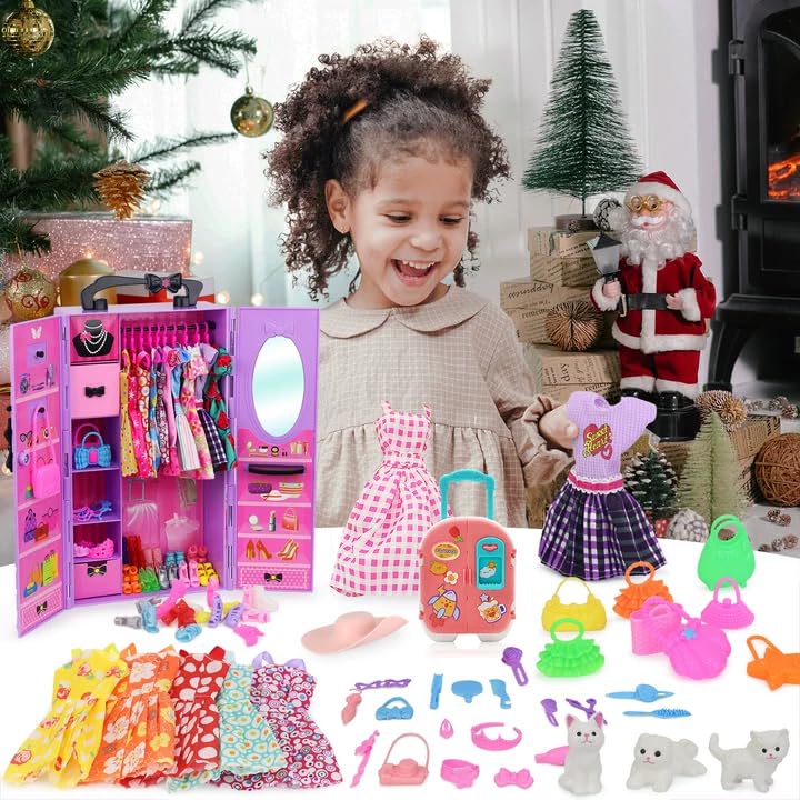 K.T. Fancy 83 Pcs Dolls & Accessories with Purple Closet Wardrobe — Dress Up Set for 11.5-Inch Dolls