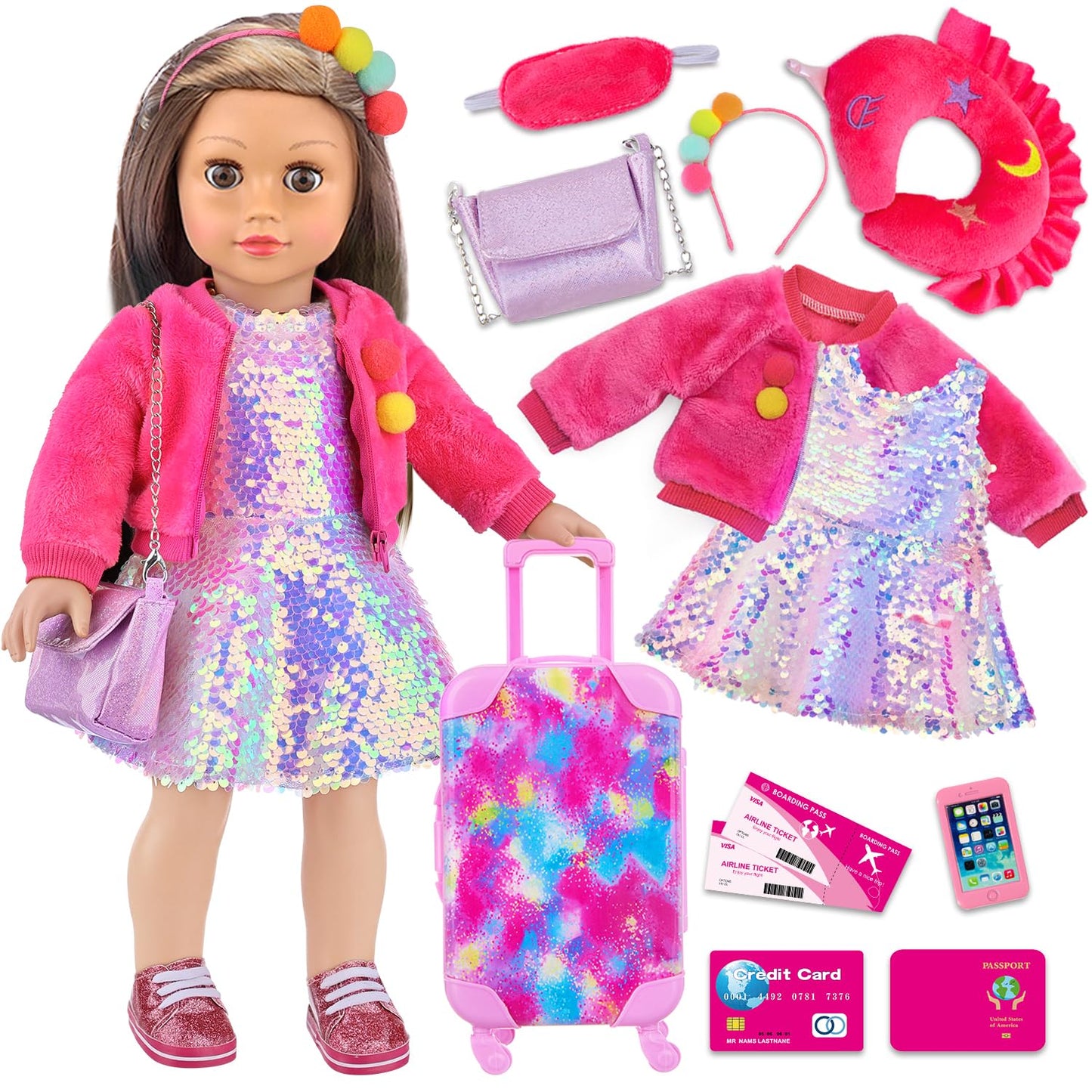 K.T. Fancy 18-Inch Doll Travel Playset – Pink Travel Case, Outfit & Accessories for 18-Inch Dolls