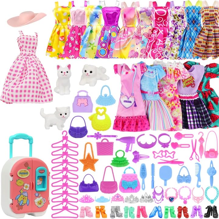 K.T. Fancy 83 Pcs Dolls & Accessories with Purple Closet Wardrobe — Dress Up Set for 11.5-Inch Dolls