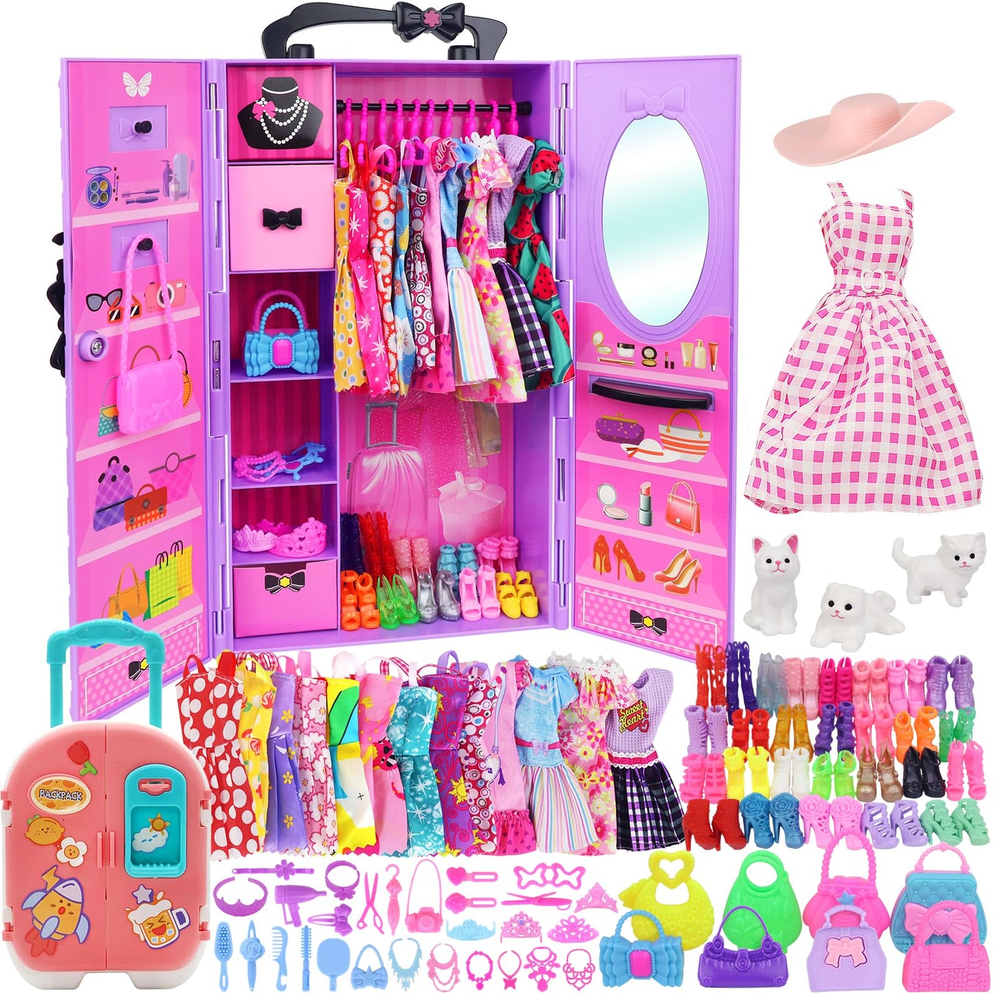 K.T. Fancy 83 Pcs Dolls & Accessories with Purple Closet Wardrobe — Dress Up Set for 11.5-Inch Dolls