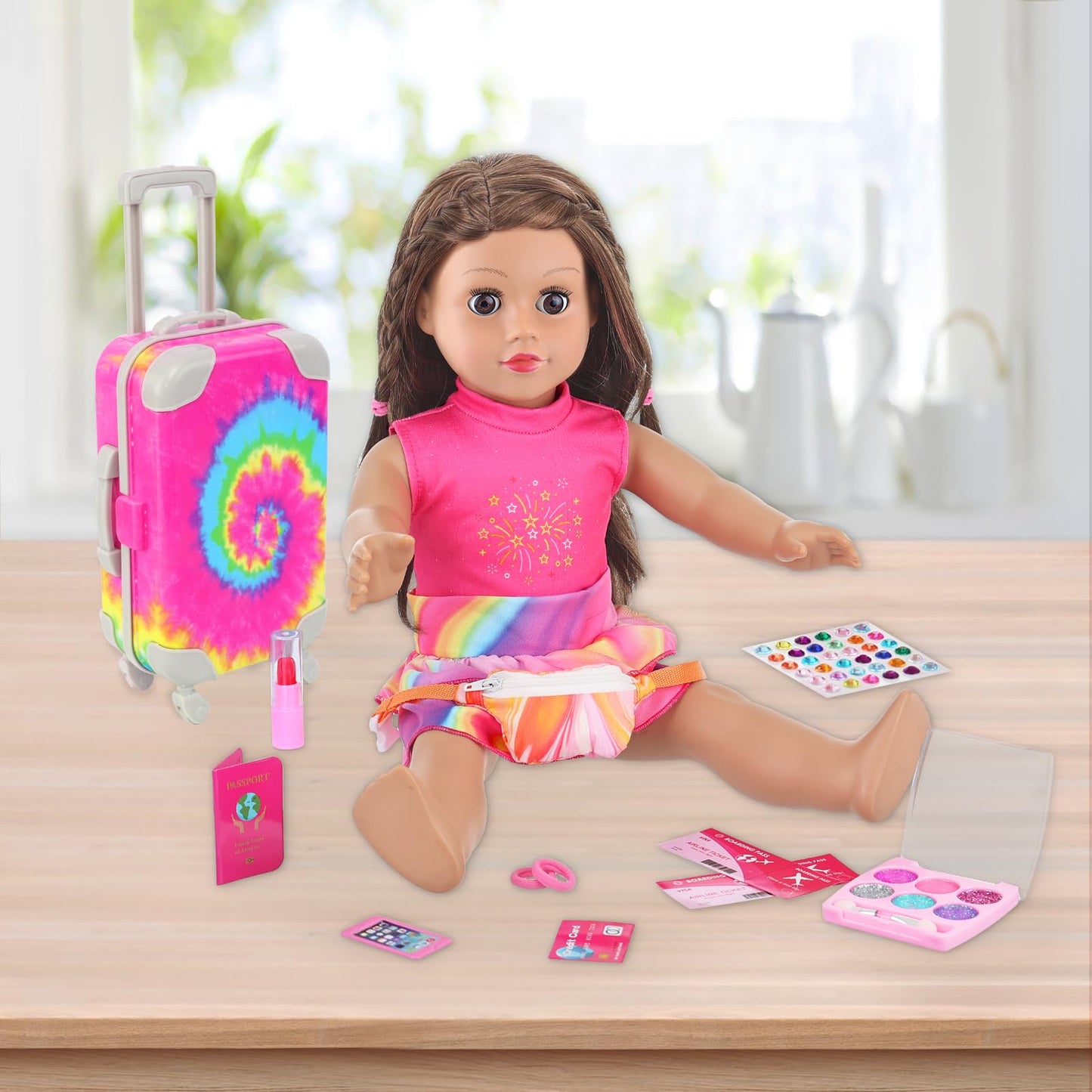 K.T. Fancy 18-Inch Doll Travel Set — Rainbow Tie-Dye Suitcase & 14 Pieces