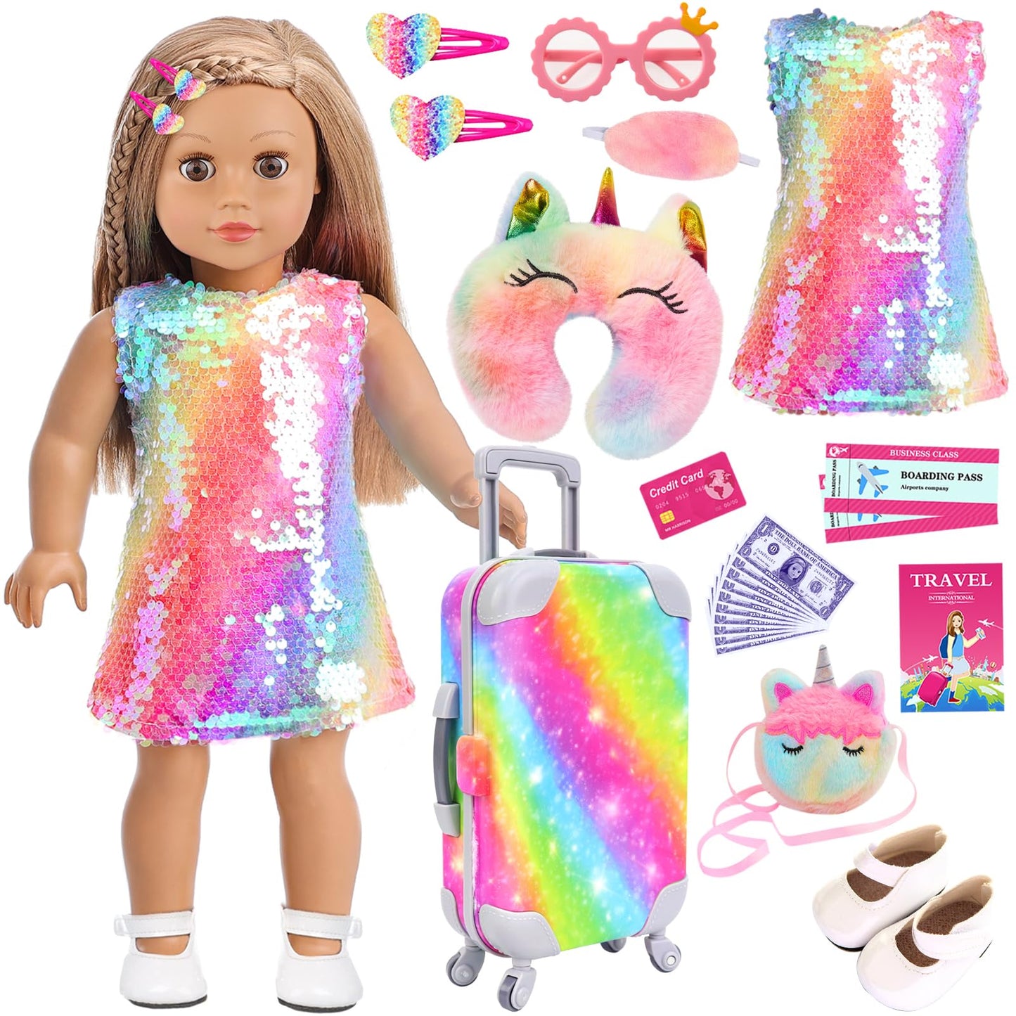 K.T. Fancy 23-Piece 18-Inch Doll Clothes & Travel Accessories Set — Suitcase, Dress, Shoes & More