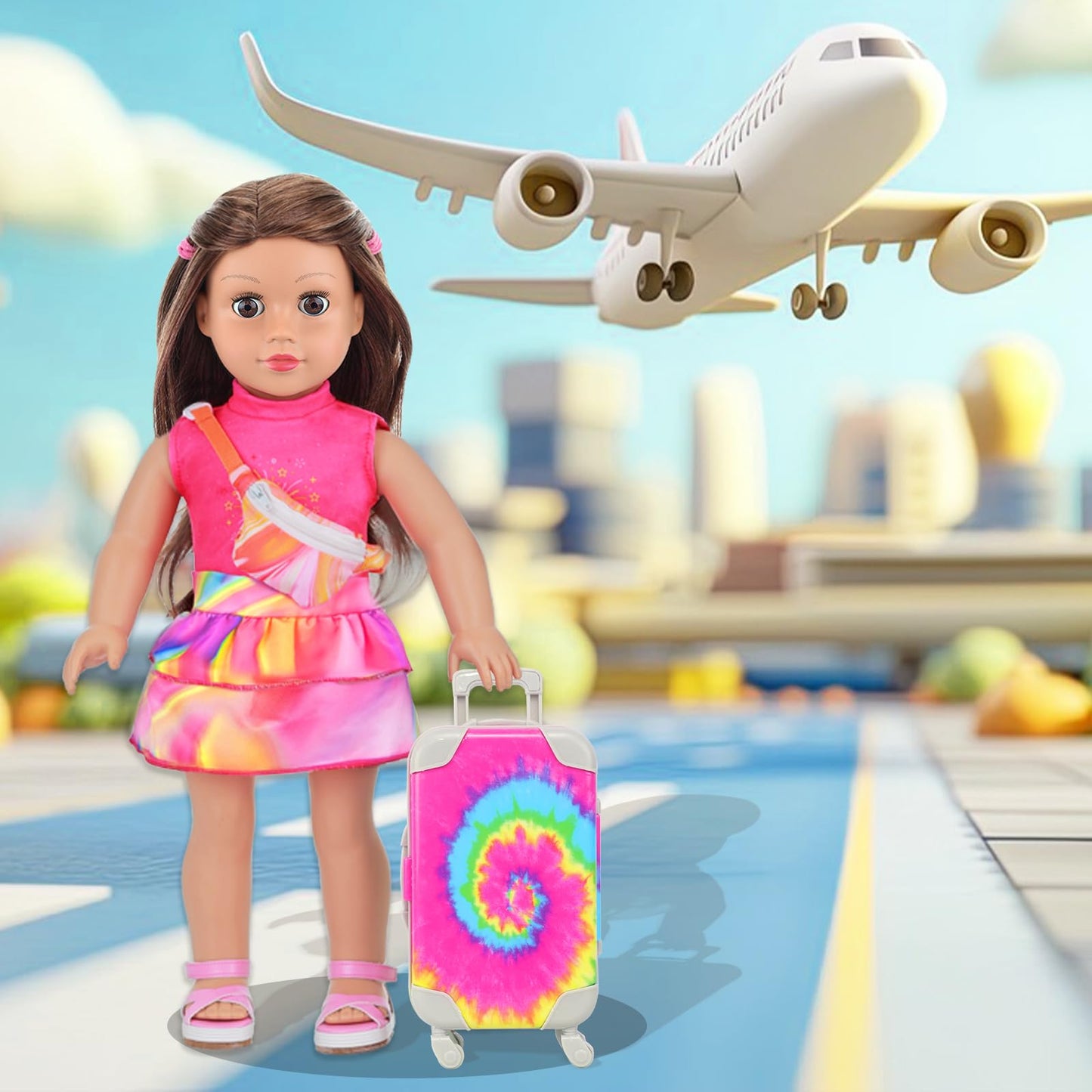 K.T. Fancy 18-Inch Doll Travel Set — Rainbow Tie-Dye Suitcase & 14 Pieces