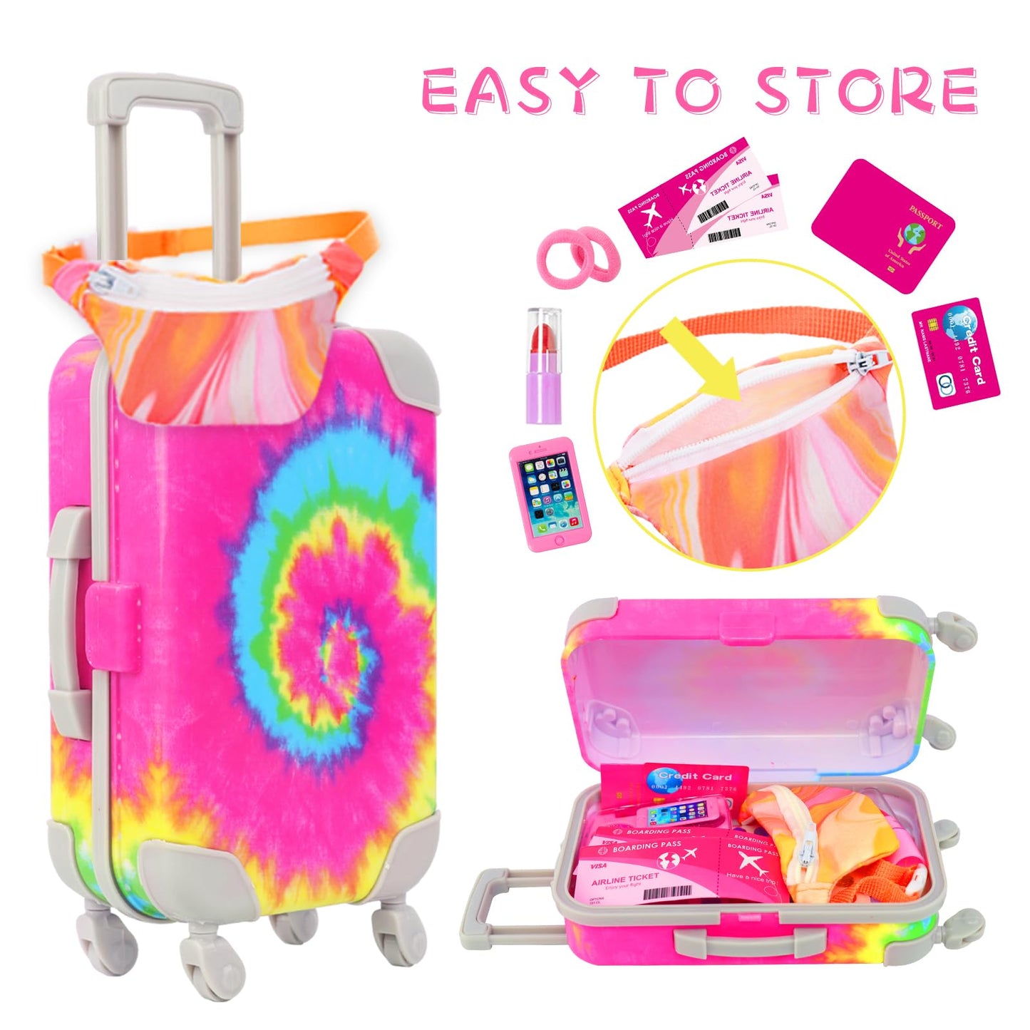 K.T. Fancy 18-Inch Doll Travel Set — Rainbow Tie-Dye Suitcase & 14 Pieces