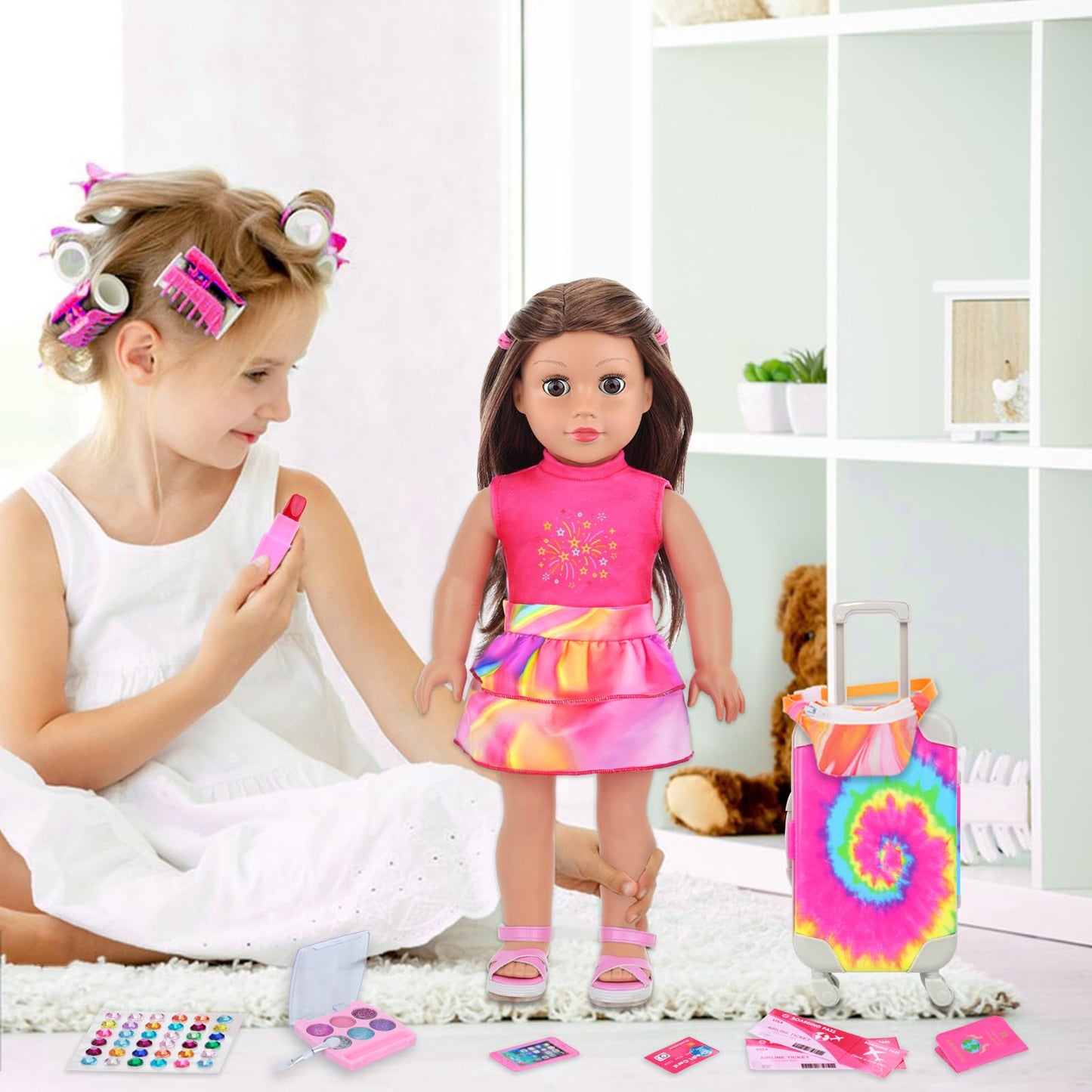 K.T. Fancy 18-Inch Doll Travel Set — Rainbow Tie-Dye Suitcase & 14 Pieces