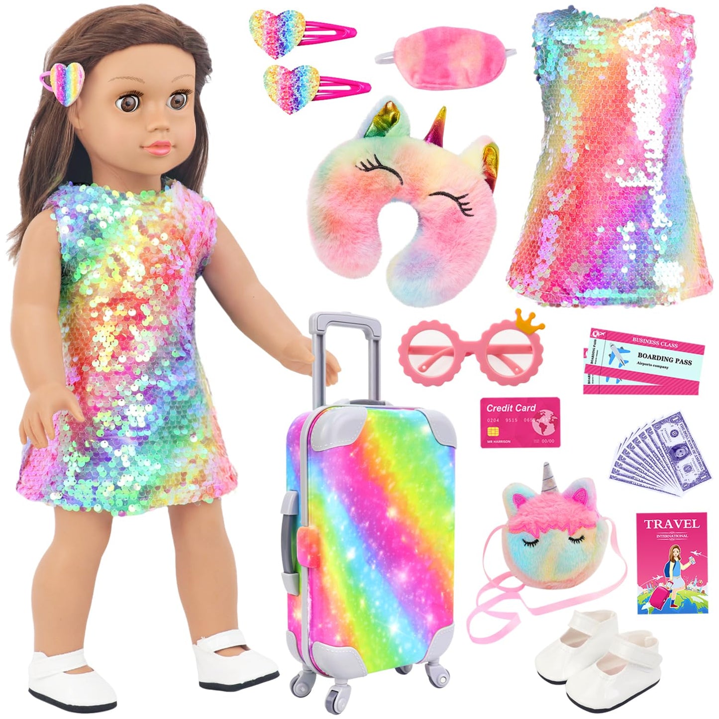 K.T. Fancy 23-Piece 18-Inch Doll Clothes & Travel Accessories Set — Suitcase, Dress, Shoes & More