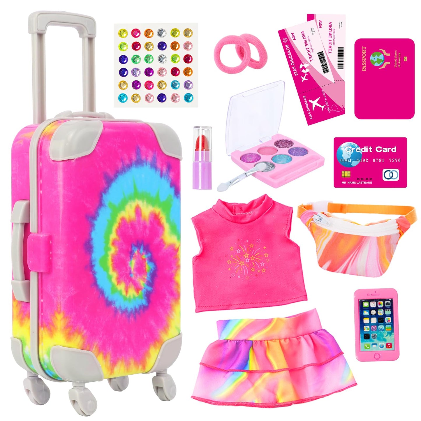 K.T. Fancy 18-Inch Doll Travel Set — Rainbow Tie-Dye Suitcase & 14 Pieces