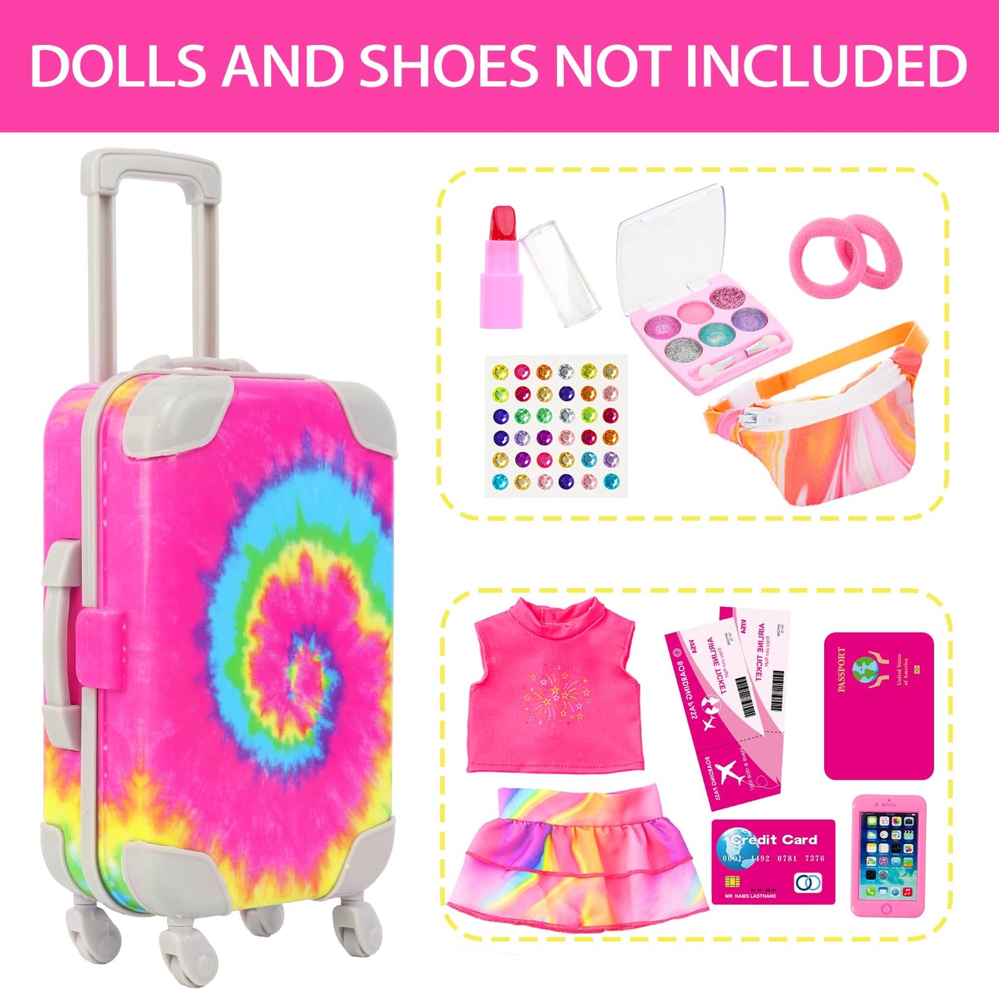 K.T. Fancy 18-Inch Doll Travel Set — Rainbow Tie-Dye Suitcase & 14 Pieces