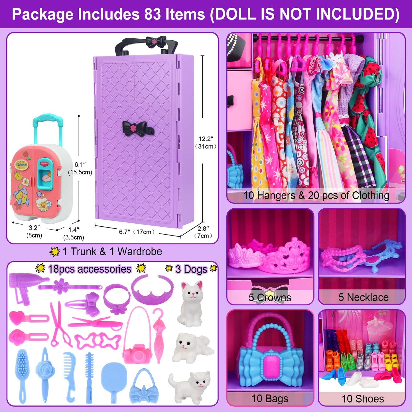 K.T. Fancy 83 Pcs Dolls & Accessories with Purple Closet Wardrobe — Dress Up Set for 11.5-Inch Dolls