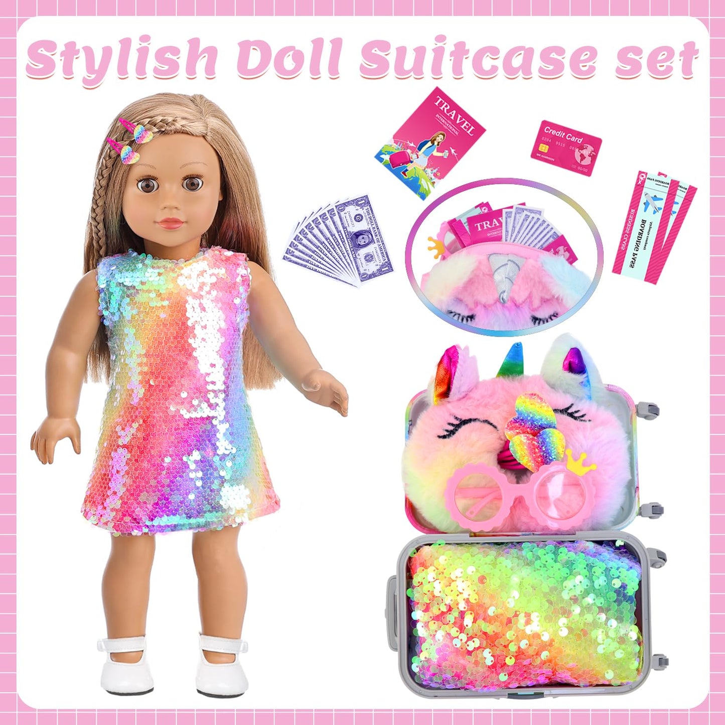 K.T. Fancy 23-Piece 18-Inch Doll Clothes & Travel Accessories Set — Suitcase, Dress, Shoes & More