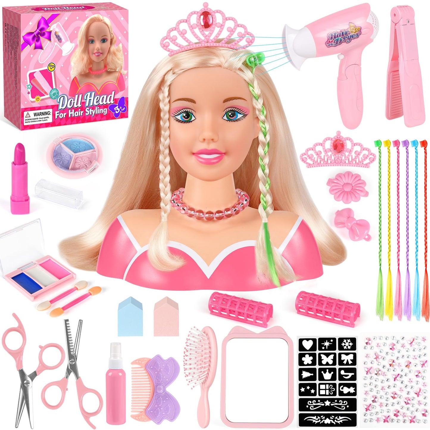 KUBUSFLY 44Pcs Hair Styling Doll Head Kit for Girls | Pretend Play Salon