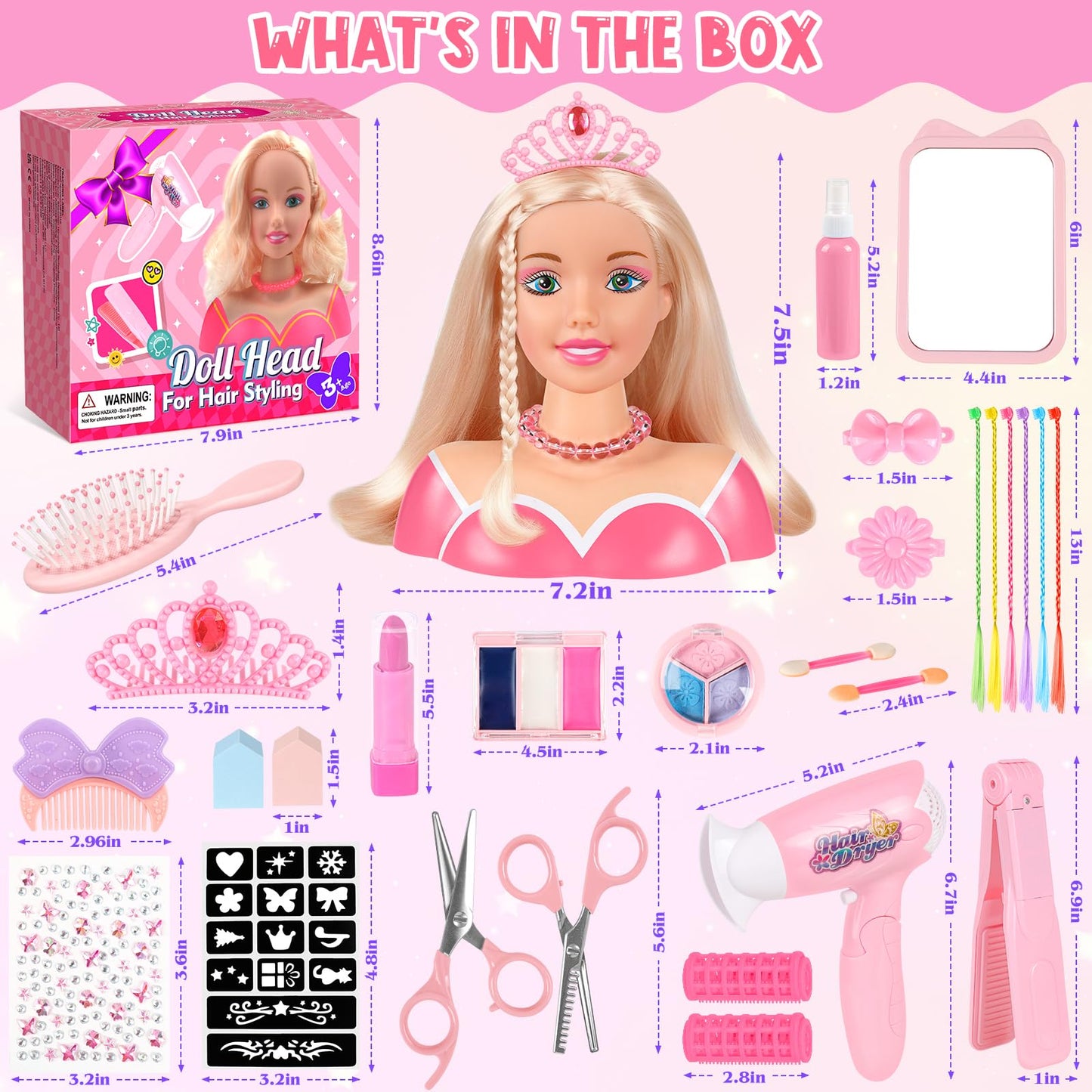 KUBUSFLY 44Pcs Hair Styling Doll Head Kit for Girls | Pretend Play Salon
