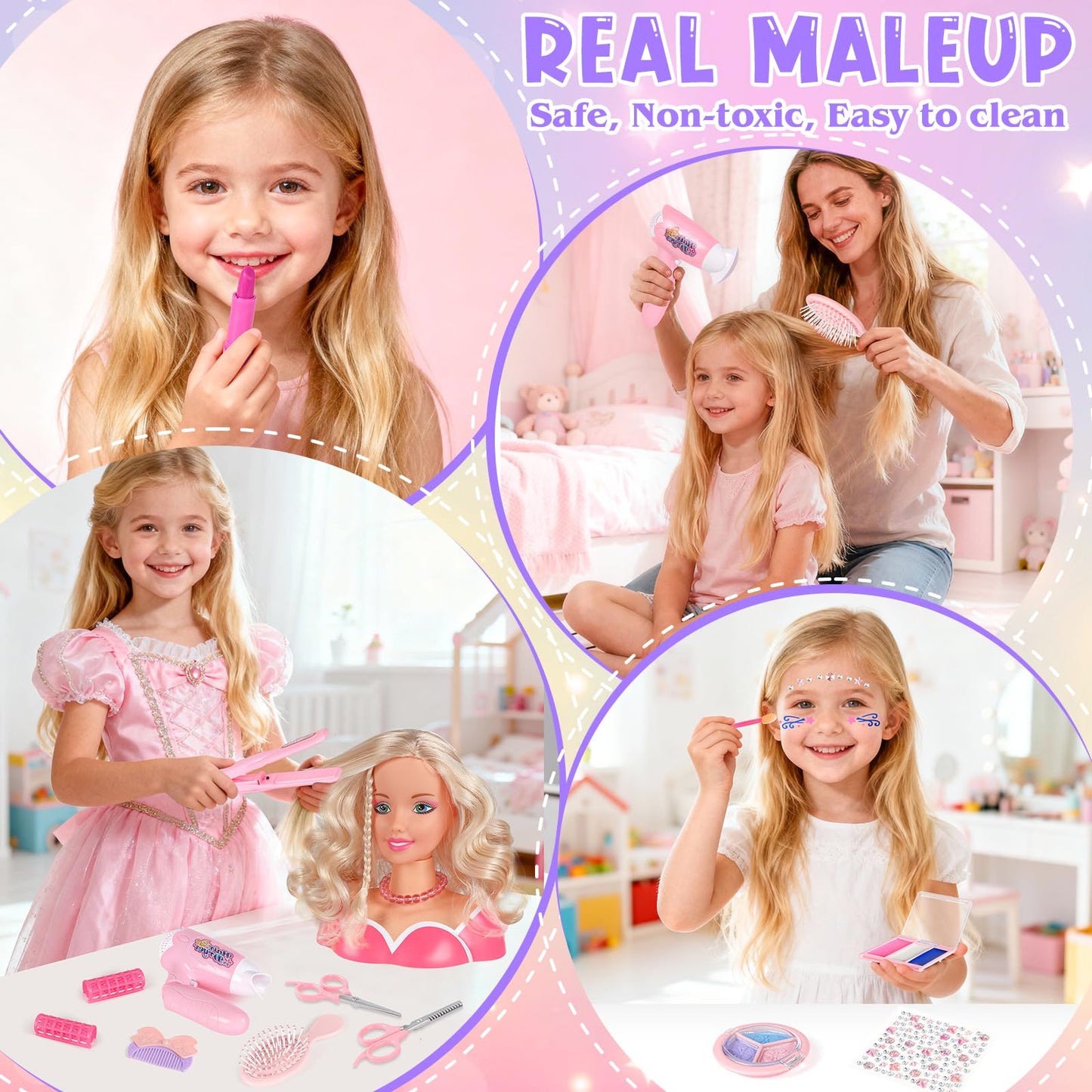 KUBUSFLY 44Pcs Hair Styling Doll Head Kit for Girls | Pretend Play Salon