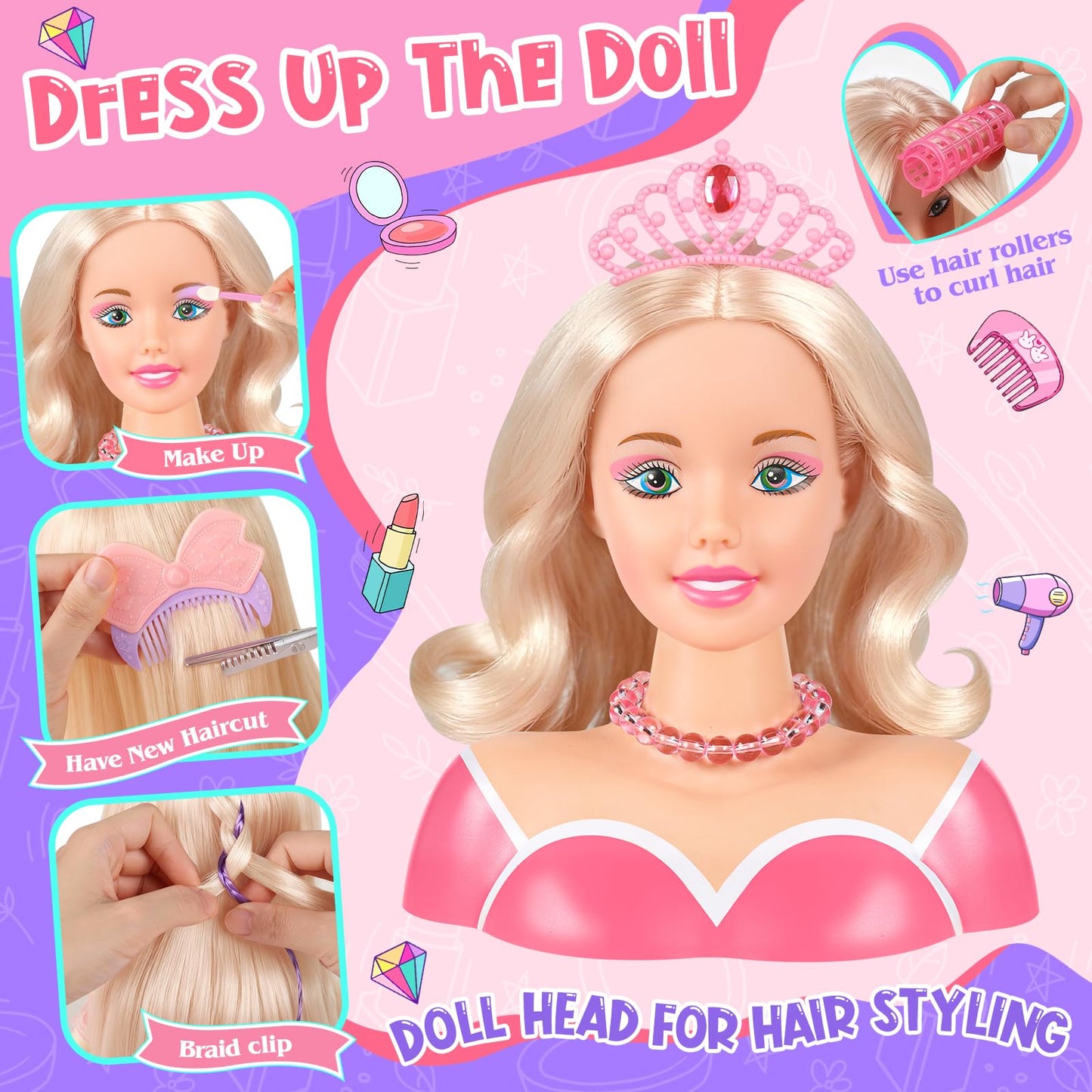 KUBUSFLY 44Pcs Hair Styling Doll Head Kit for Girls | Pretend Play Salon