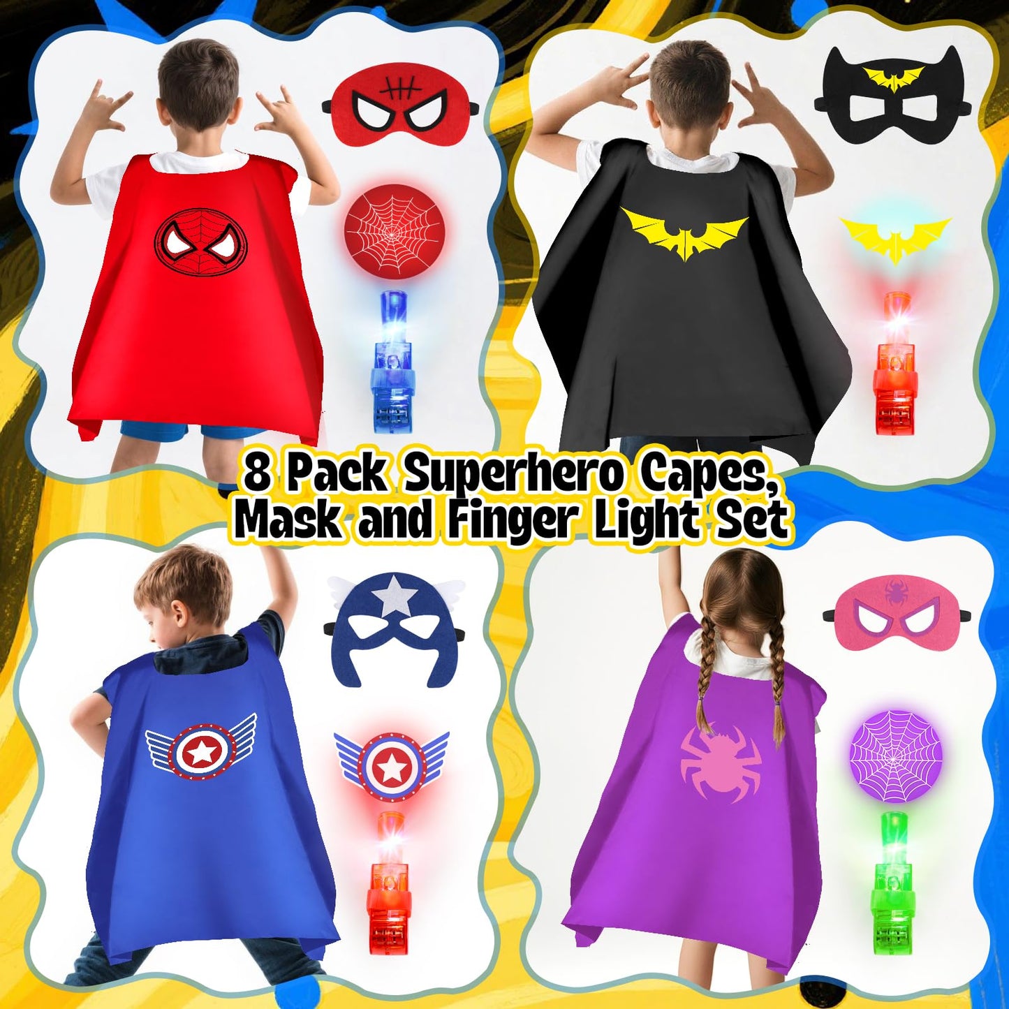 KUBUSFLY 8-Piece Kids Superhero Capes & Masks Costume Set