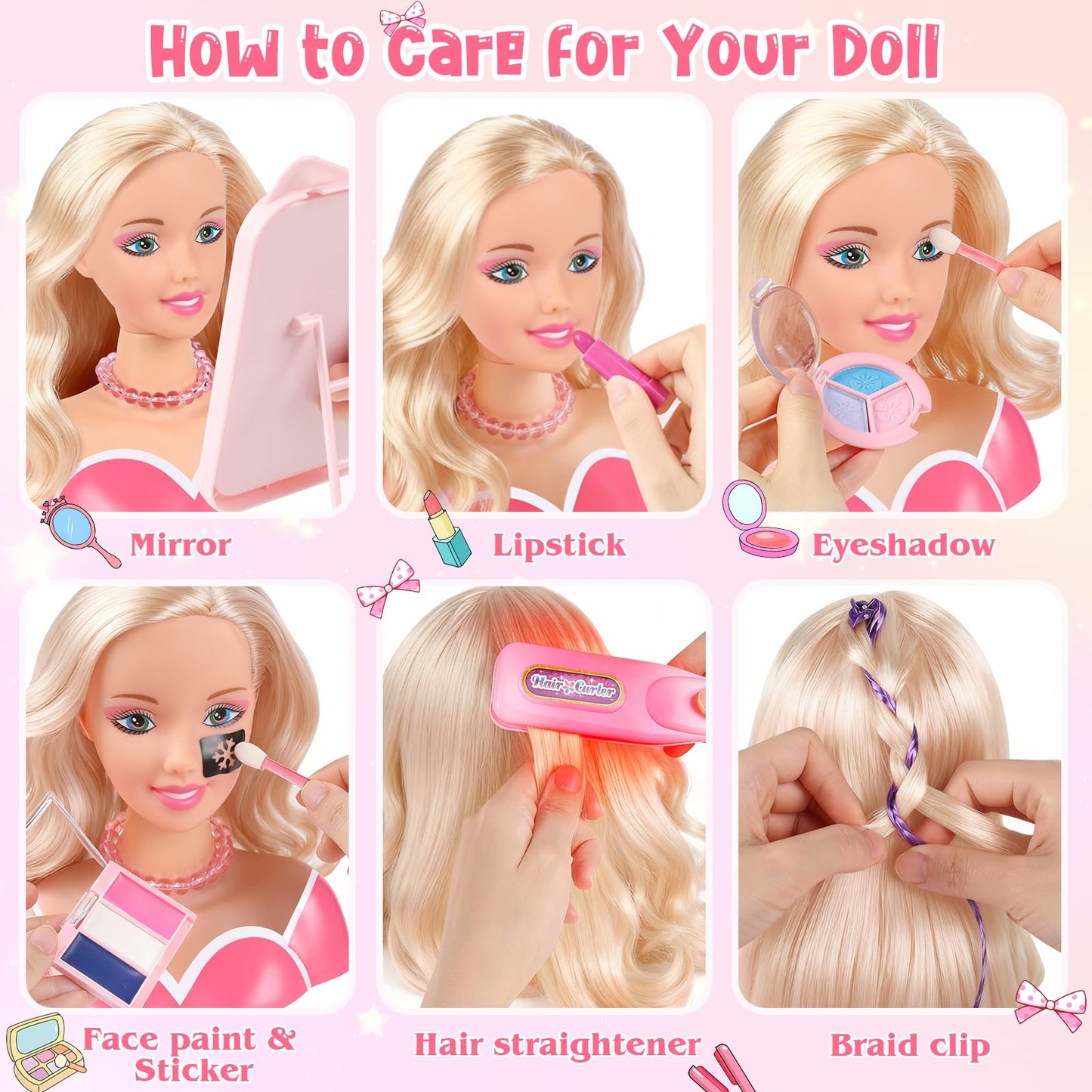 KUBUSFLY 44Pcs Hair Styling Doll Head Kit for Girls | Pretend Play Salon