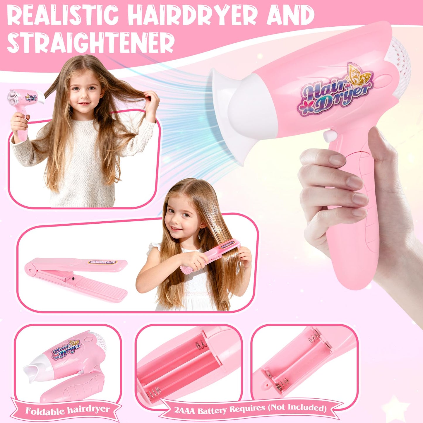 KUBUSFLY 44Pcs Hair Styling Doll Head Kit for Girls | Pretend Play Salon