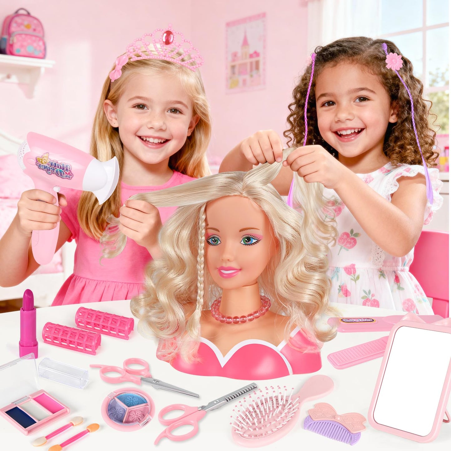 KUBUSFLY 44Pcs Hair Styling Doll Head Kit for Girls | Pretend Play Salon