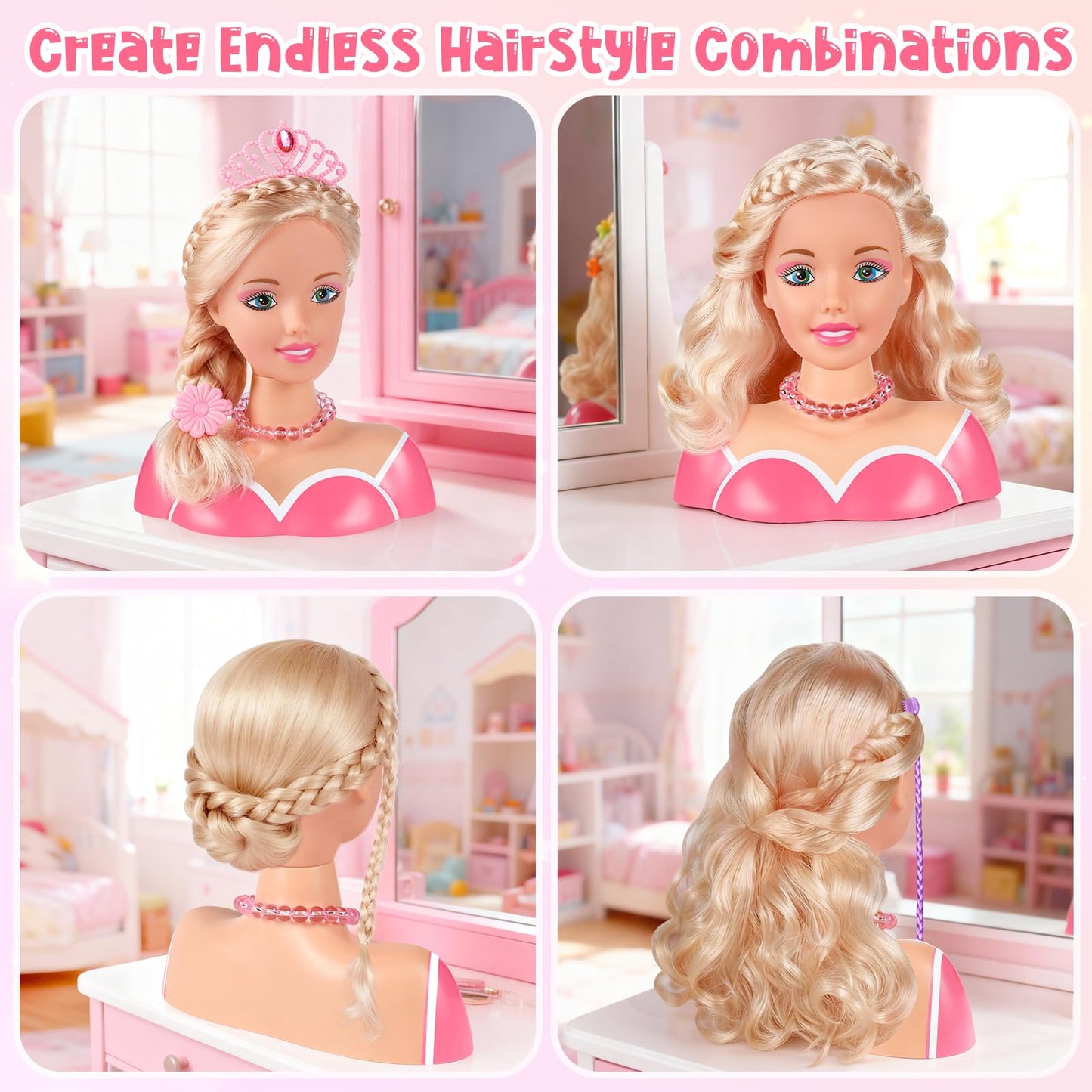 KUBUSFLY 44Pcs Hair Styling Doll Head Kit for Girls | Pretend Play Salon