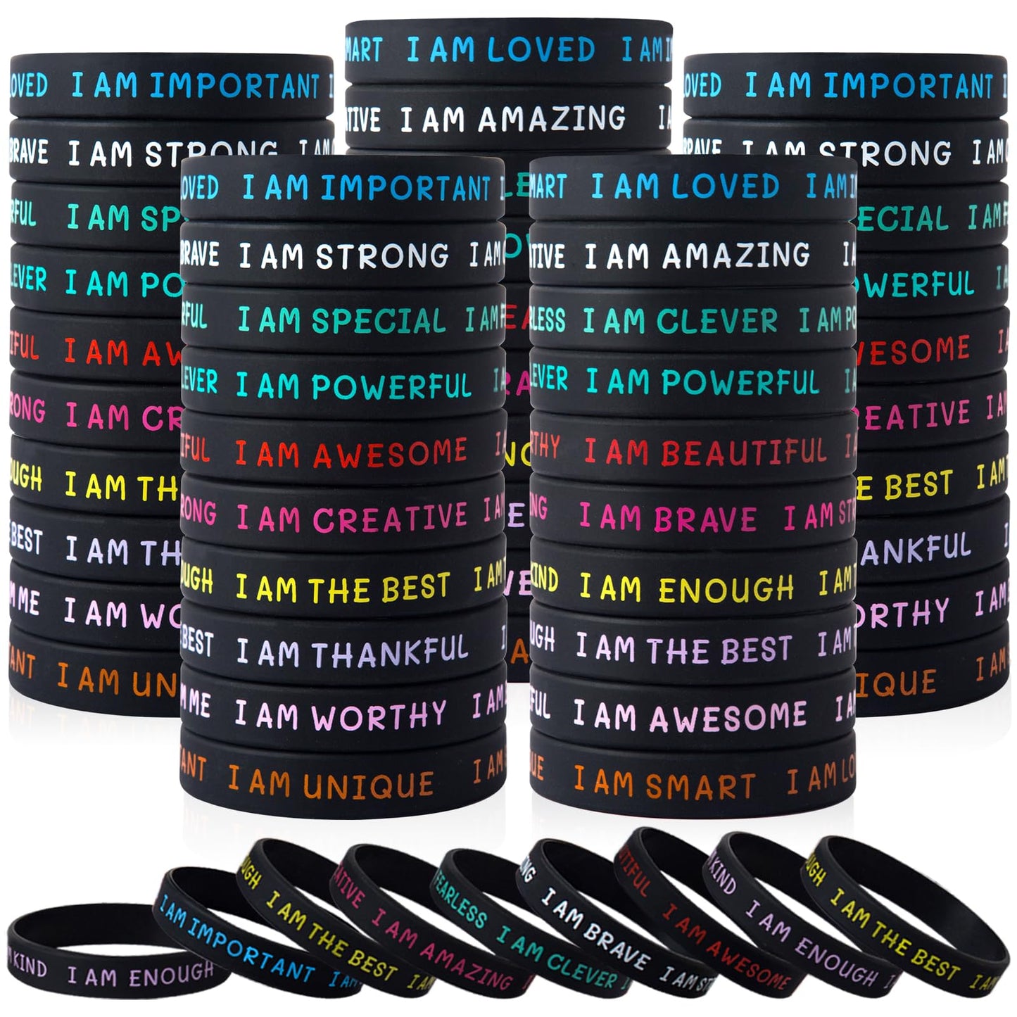 KUCLIN 100-Piece Inspirational Silicone Wristbands for Students — Motivational Quotes (Back-to-School, Black)
