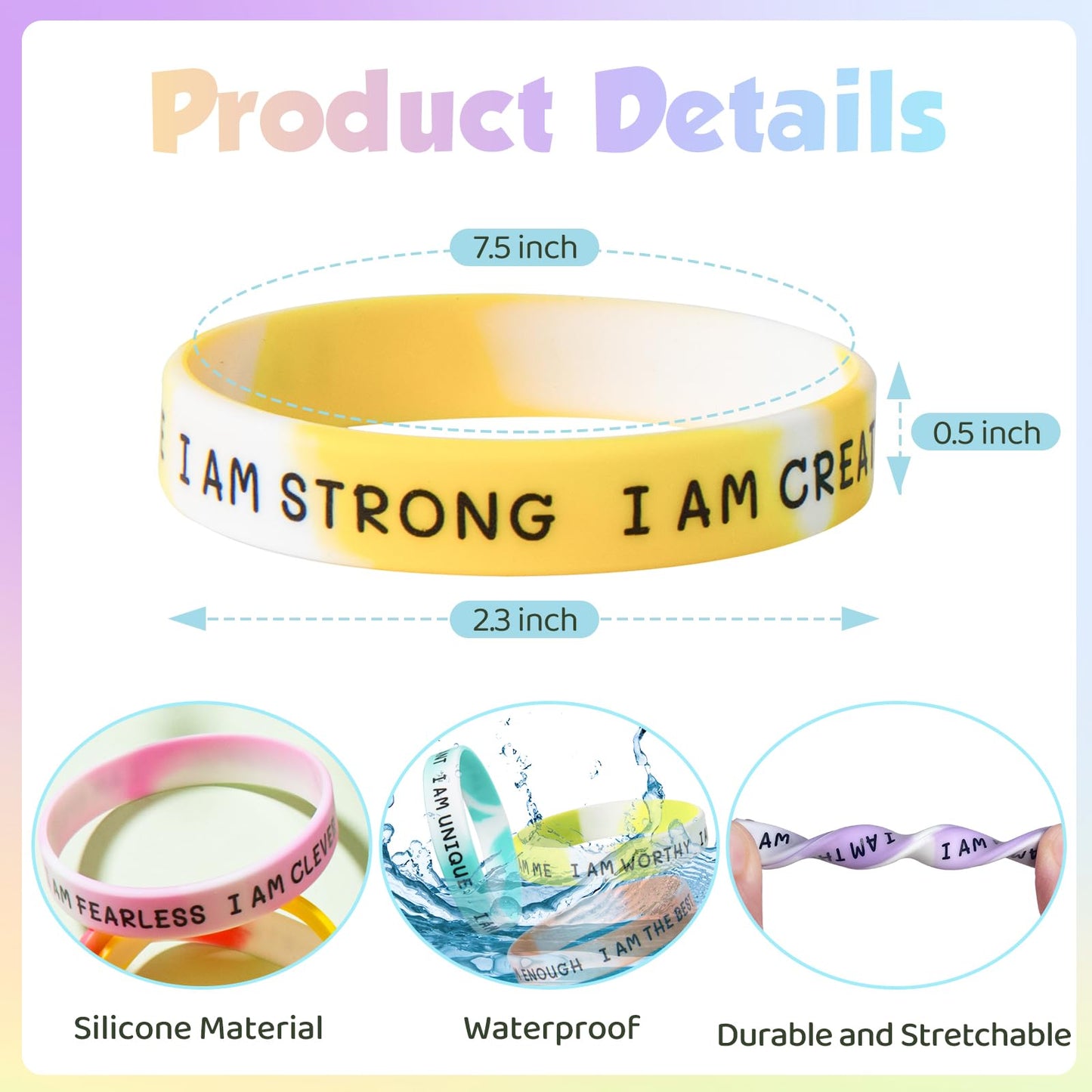 KUCLIN 100 Pieces Inspirational Silicone Wristbands – Swirl Colours, Motivational Quotes, Back-to-School Gift Set