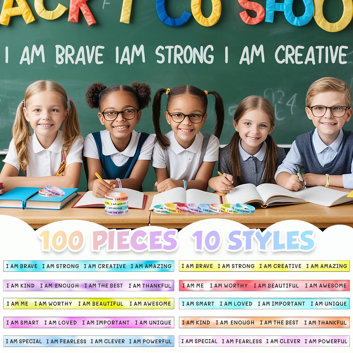 KUCLIN 100 Pieces Inspirational Silicone Wristbands – Swirl Colours, Motivational Quotes, Back-to-School Gift Set