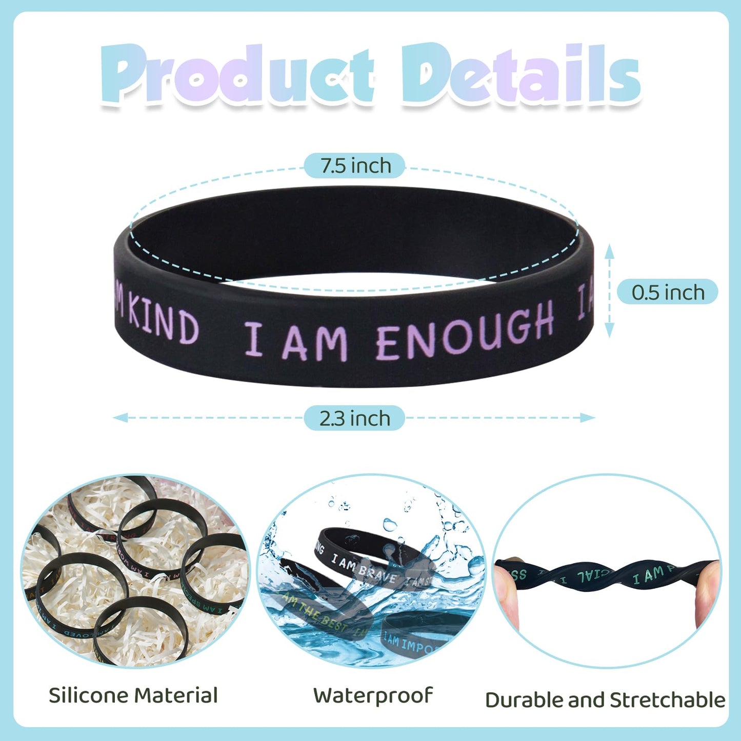 KUCLIN 100-Piece Inspirational Silicone Wristbands for Students — Motivational Quotes (Back-to-School, Black)