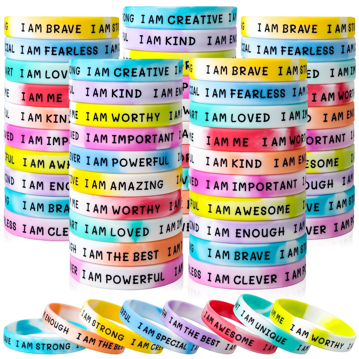 KUCLIN 100 Pieces Inspirational Silicone Wristbands – Swirl Colours, Motivational Quotes, Back-to-School Gift Set