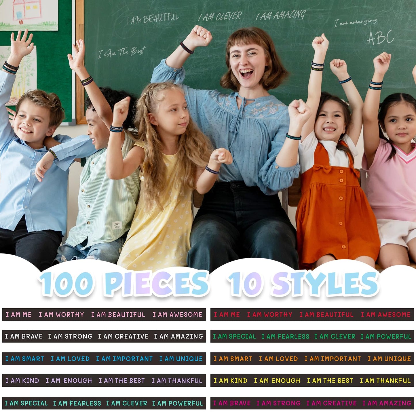 KUCLIN 100-Piece Inspirational Silicone Wristbands for Students — Motivational Quotes (Back-to-School, Black)