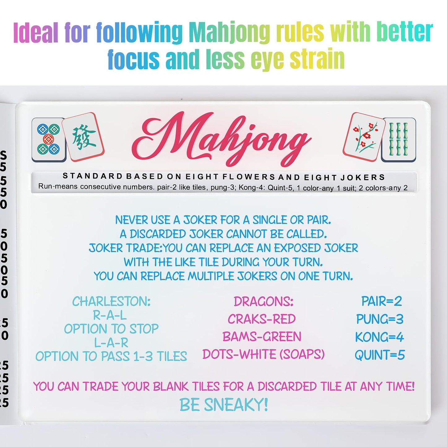 KUIRAN Mahjong Line Finder 4-Pack – Bright Rules Helper for Beginners (White)