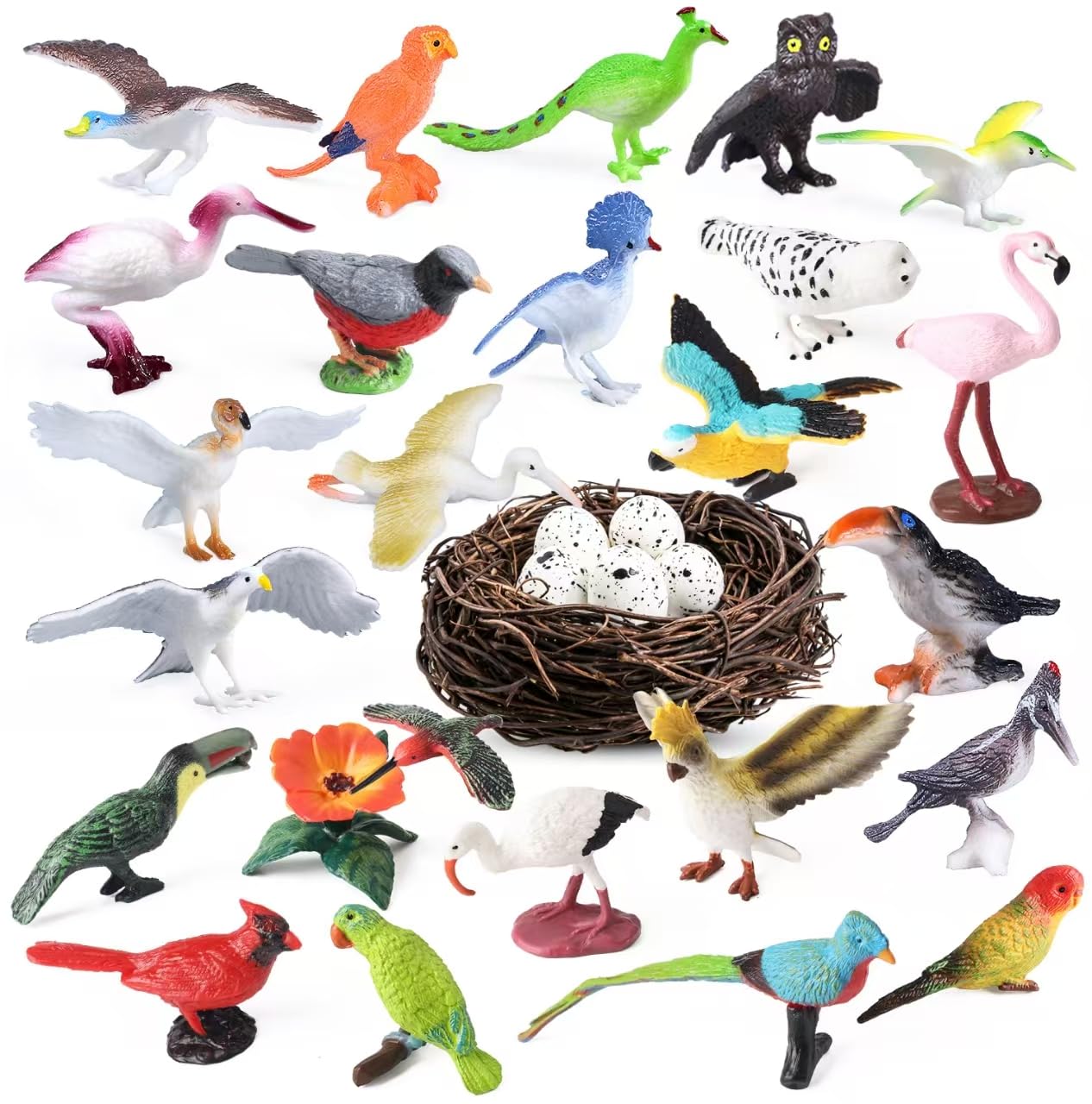 Kukifun 30Pcs Birds Animal Figures Playset with Nest Eggs – Realistic Bird Toys for Education, Party Decor, and DIY Projects