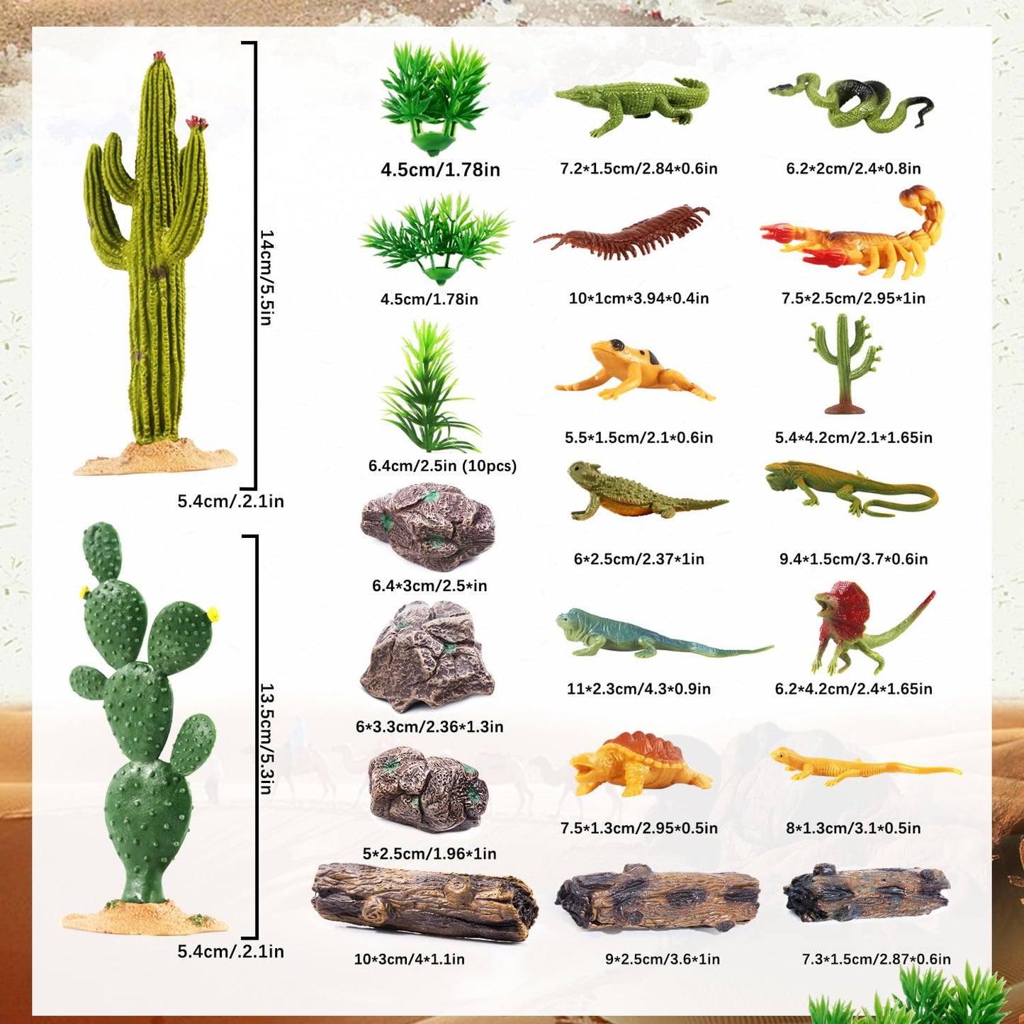 Kukifun 32-Piece Desert Reptiles Figures Set – Lizard, Snake, Gecko, Cactus, Rock Diorama Kit for Kids
