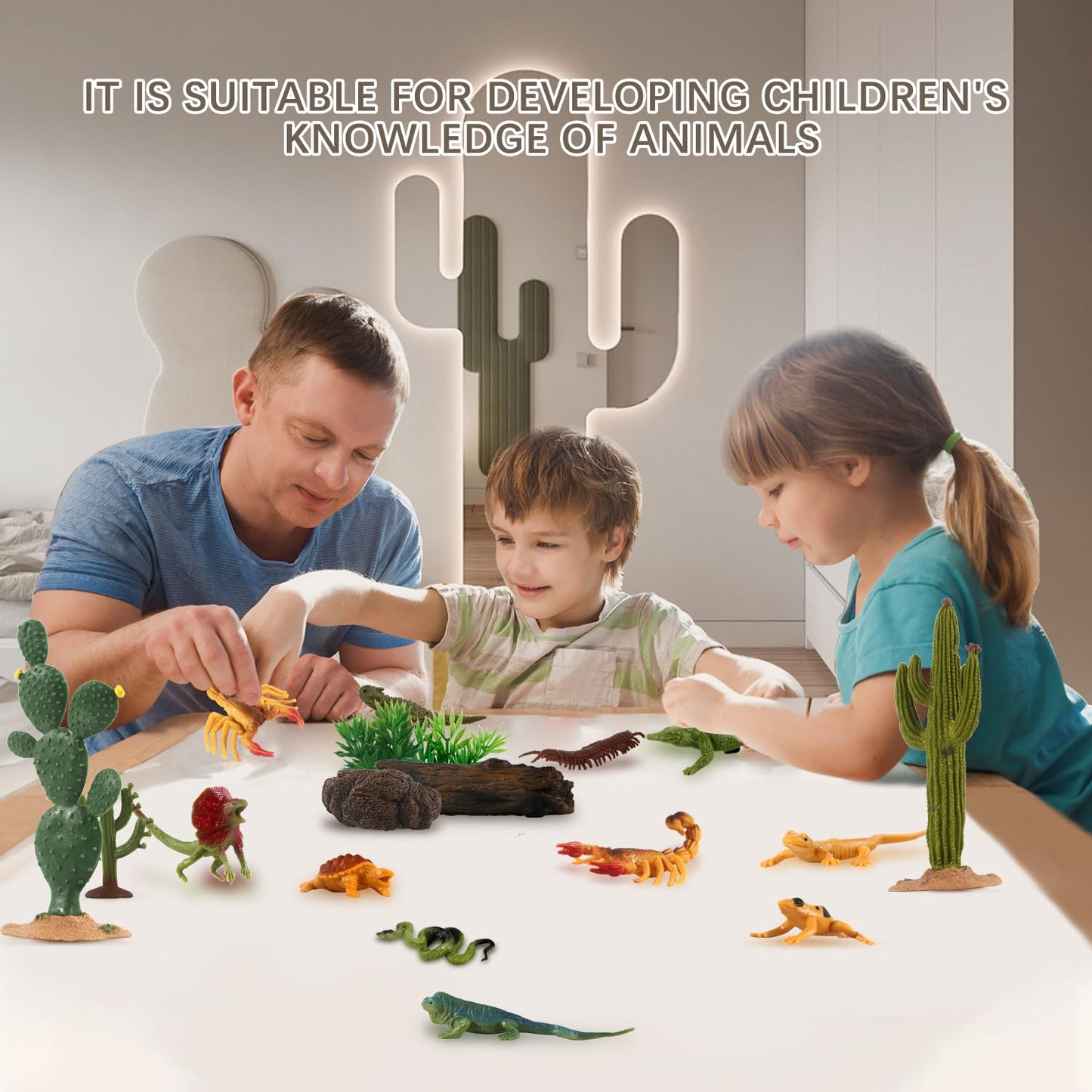 Kukifun 32-Piece Desert Reptiles Figures Set – Lizard, Snake, Gecko, Cactus, Rock Diorama Kit for Kids