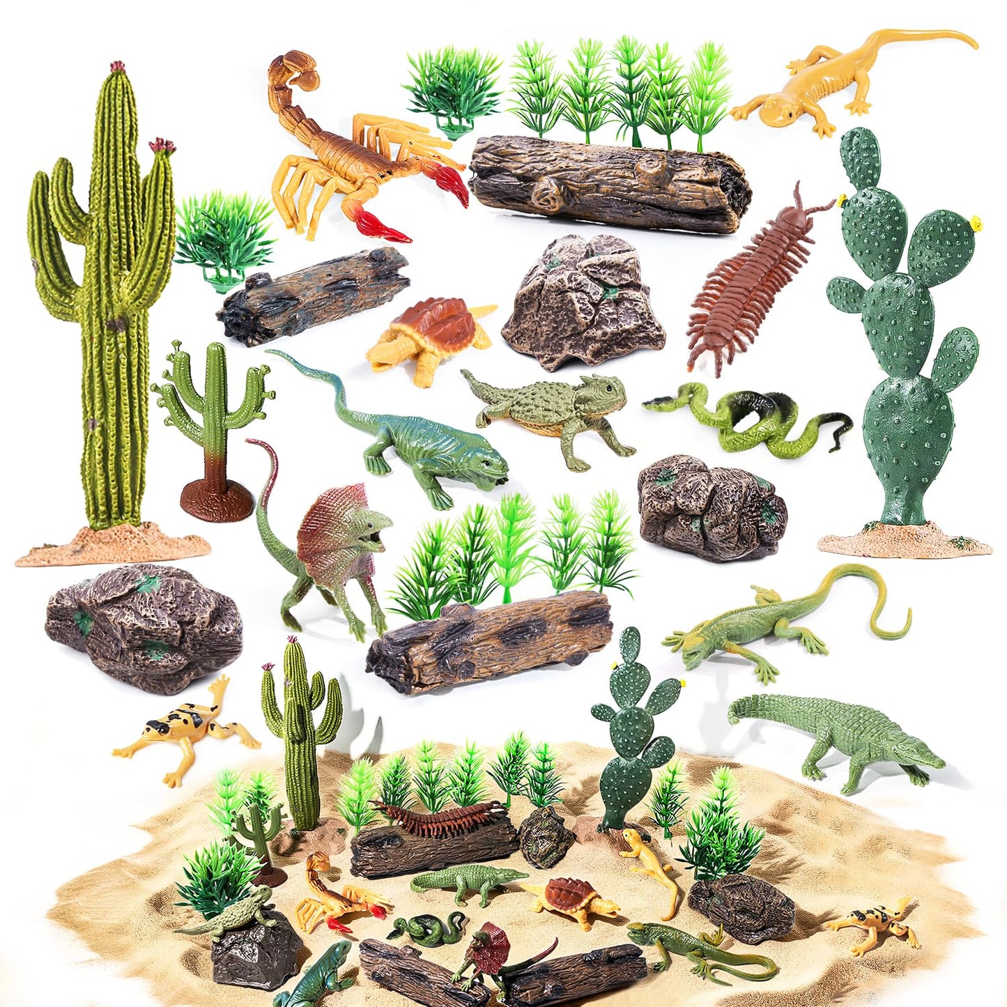 Kukifun 32-Piece Desert Reptiles Figures Set – Lizard, Snake, Gecko, Cactus, Rock Diorama Kit for Kids