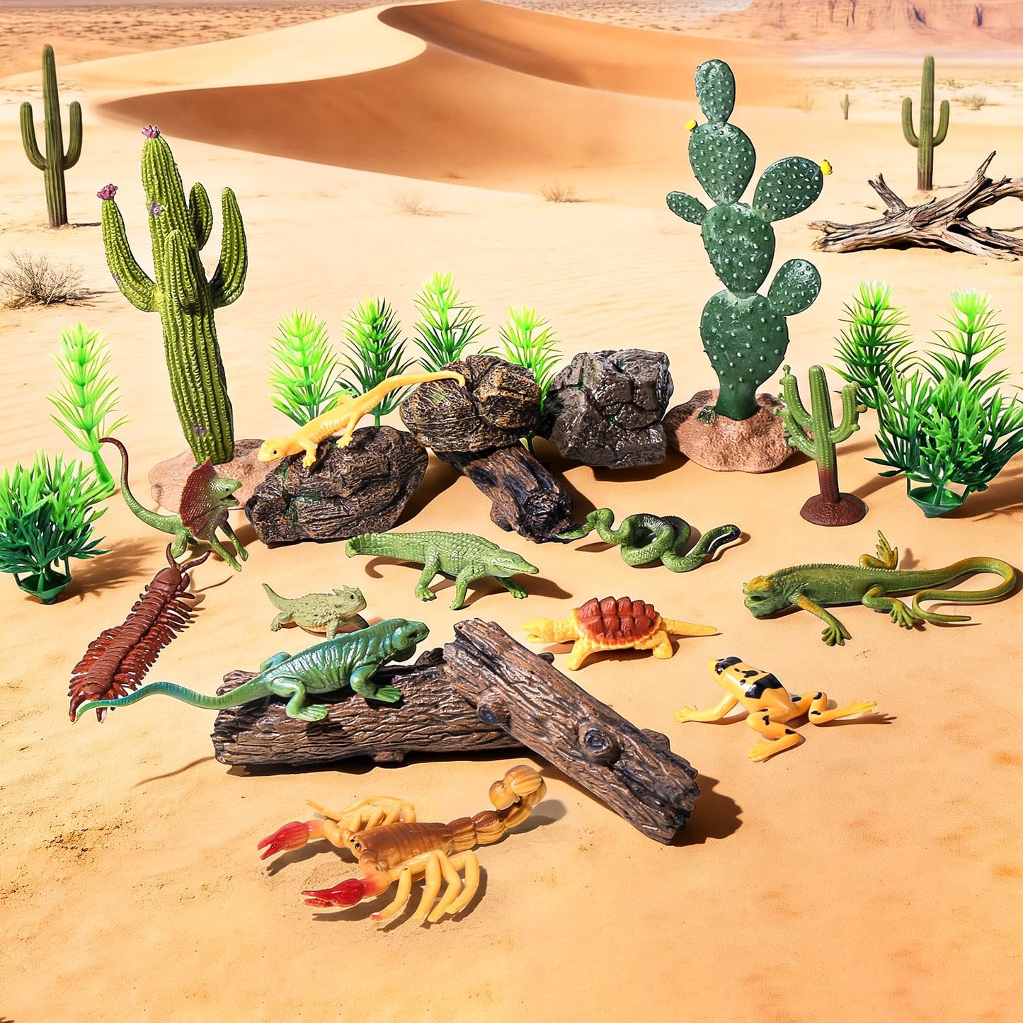 Kukifun 32-Piece Desert Reptiles Figures Set – Lizard, Snake, Gecko, Cactus, Rock Diorama Kit for Kids