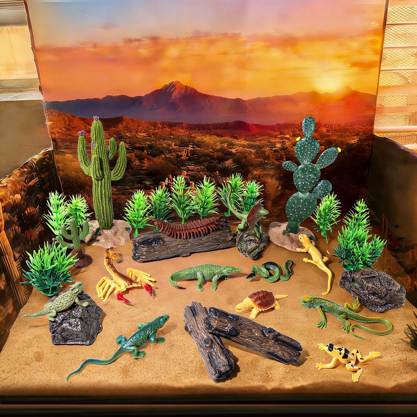 Kukifun 32-Piece Desert Reptiles Figures Set – Lizard, Snake, Gecko, Cactus, Rock Diorama Kit for Kids