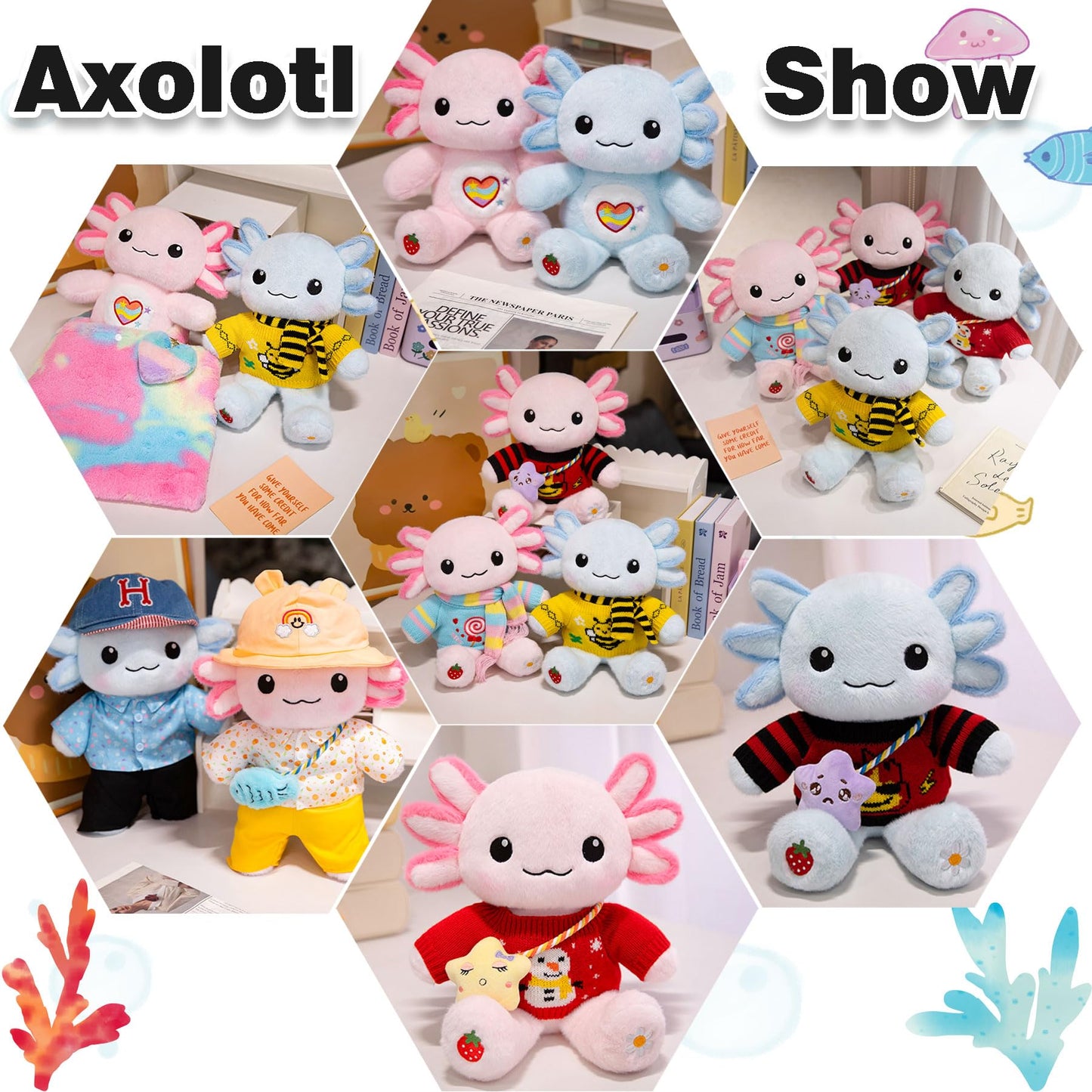 KUMANEKO Cute Axolotl Plush Gift Set – 12 Pcs Clothes & Accessories, 13-Inch Pink Axolotl Toy