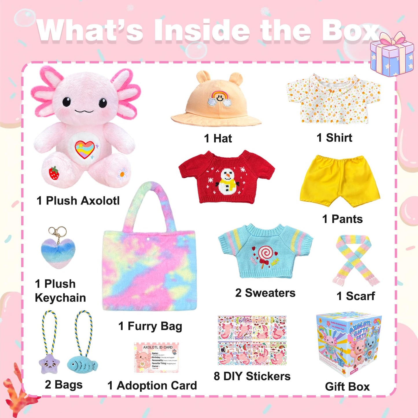 KUMANEKO Cute Axolotl Plush Gift Set – 12 Pcs Clothes & Accessories, 13-Inch Pink Axolotl Toy