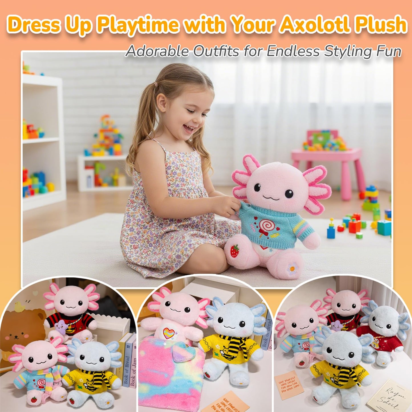 KUMANEKO Cute Axolotl Plush Gift Set – 12 Pcs Clothes & Accessories, 13-Inch Pink Axolotl Toy