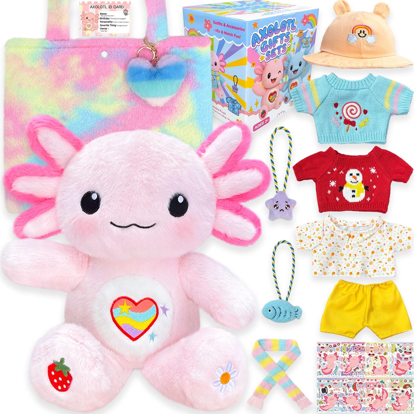 KUMANEKO Cute Axolotl Plush Gift Set – 12 Pcs Clothes & Accessories, 13-Inch Pink Axolotl Toy