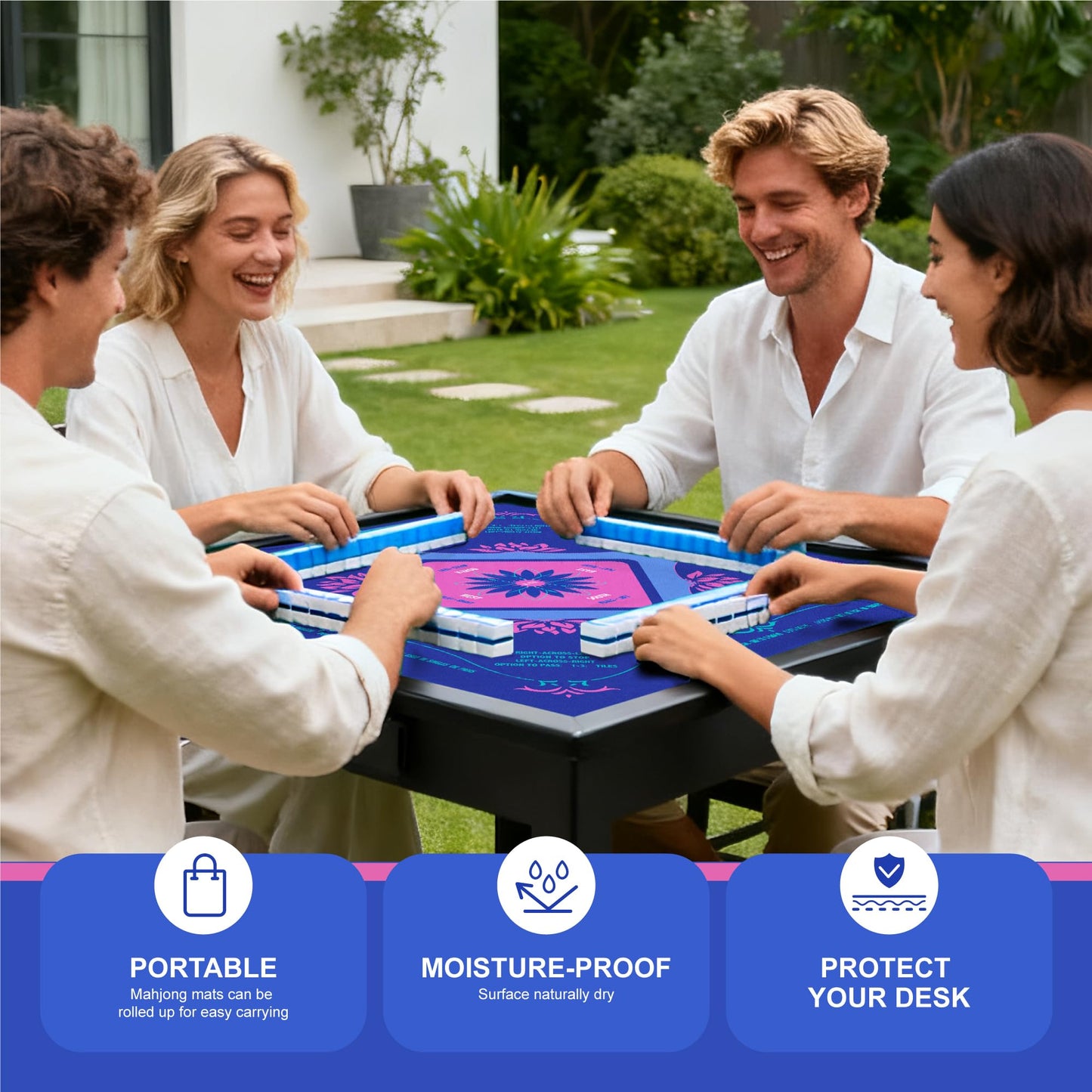 KUNTE Mahjong Mat for Table 32x32 in Blue – American Mahjong with Printed Rules, Non-Slip, Quiet and Foldable Table Cover