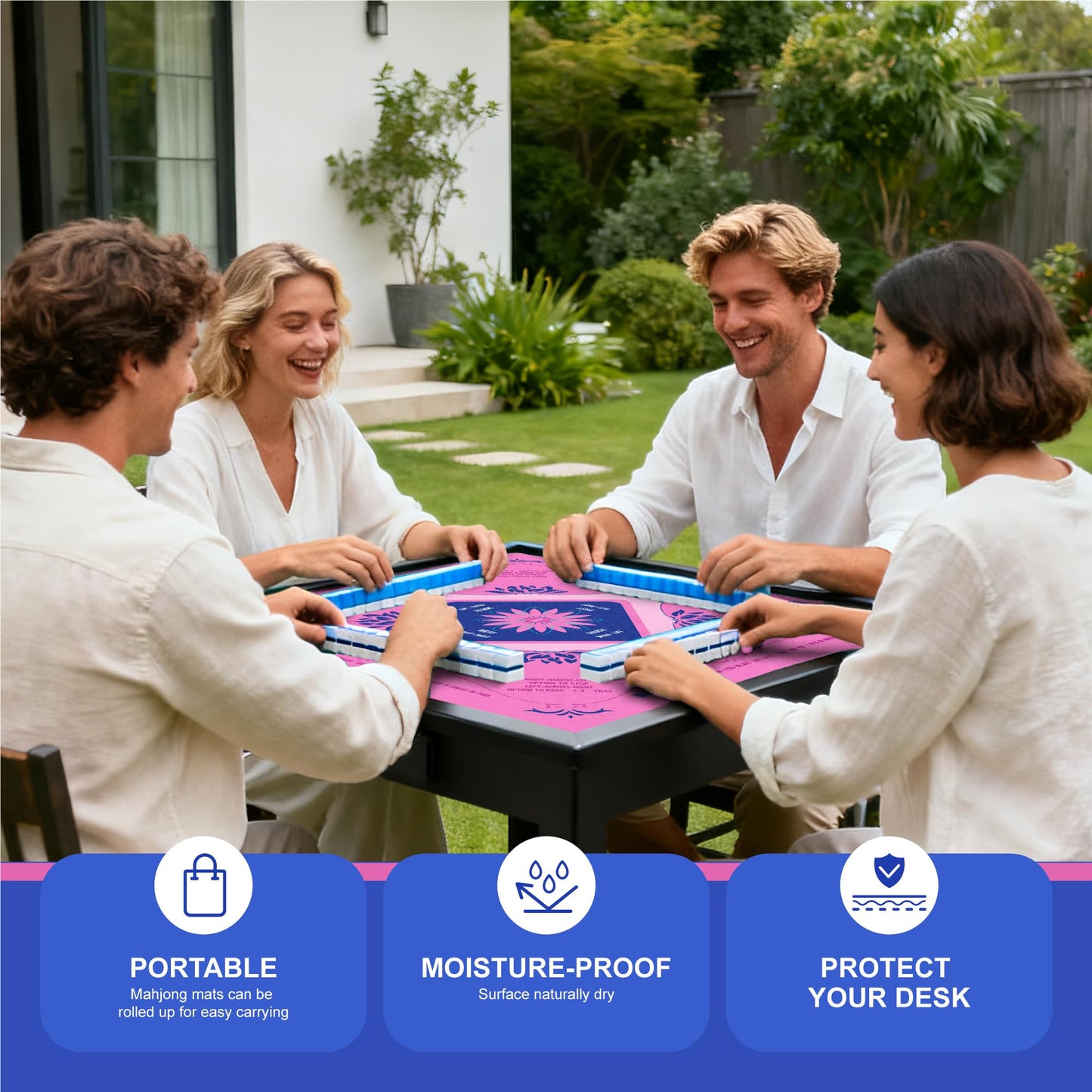 KUNTE Mahjong Mat for Table – 32x32 in Pink with Printed Rules | Non-Slip, Waterproof & Foldable