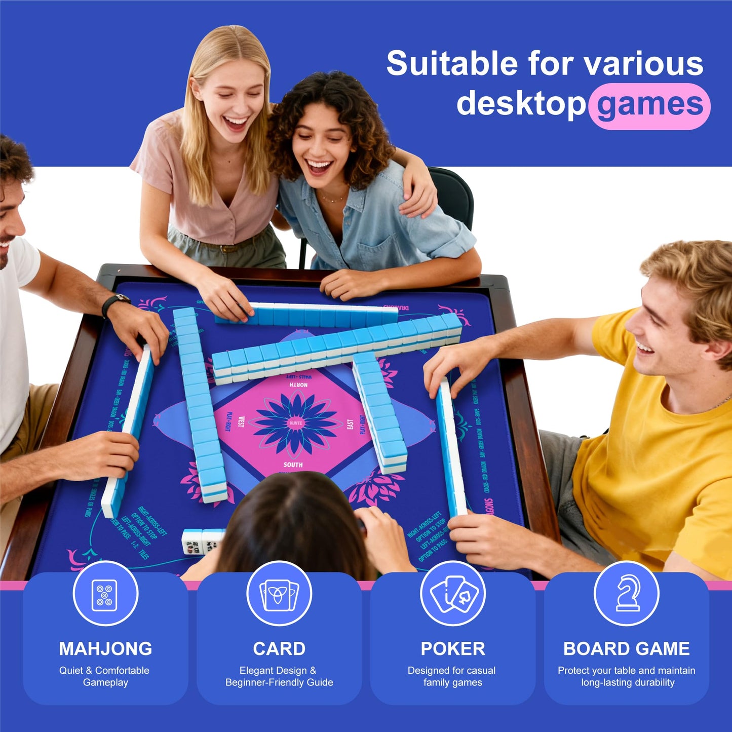 KUNTE Mahjong Mat for Table 32x32 in Blue – American Mahjong with Printed Rules, Non-Slip, Quiet and Foldable Table Cover