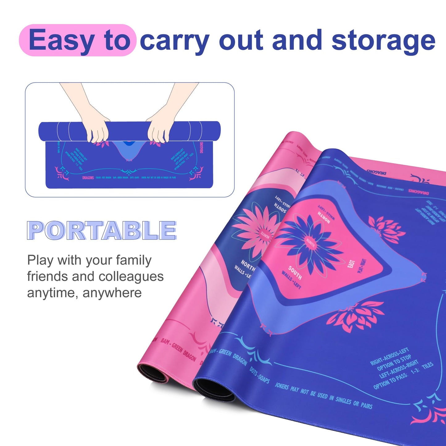 KUNTE Mahjong Mat for Table 32x32 in Blue – American Mahjong with Printed Rules, Non-Slip, Quiet and Foldable Table Cover