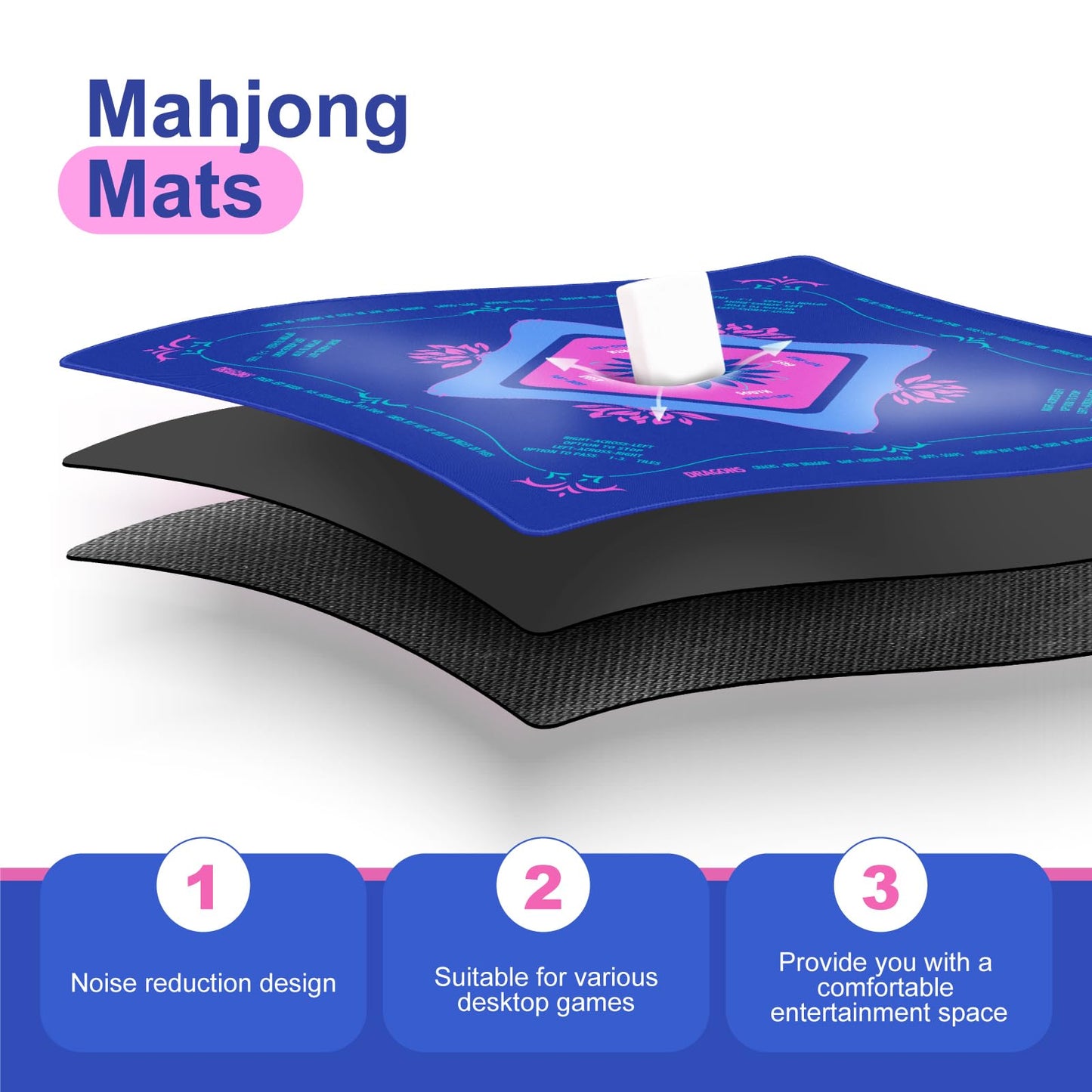 KUNTE Mahjong Mat for Table 32x32 in Blue – American Mahjong with Printed Rules, Non-Slip, Quiet and Foldable Table Cover
