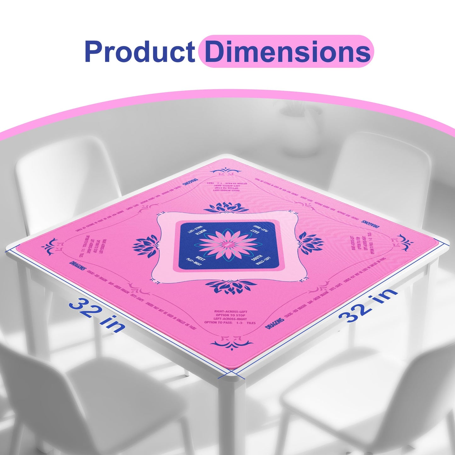 KUNTE Mahjong Mat for Table – 32x32 in Pink with Printed Rules | Non-Slip, Waterproof & Foldable