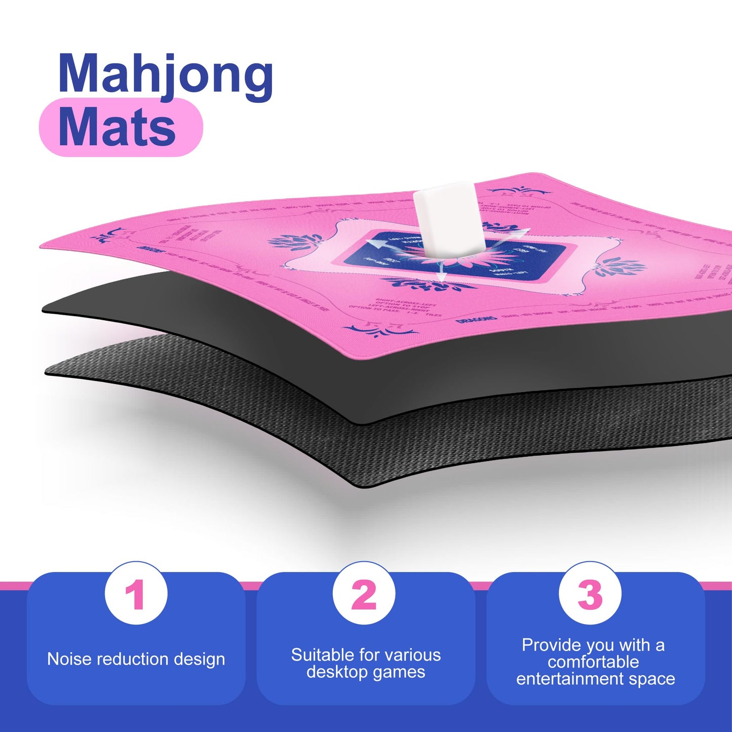 KUNTE Mahjong Mat for Table – 32x32 in Pink with Printed Rules | Non-Slip, Waterproof & Foldable