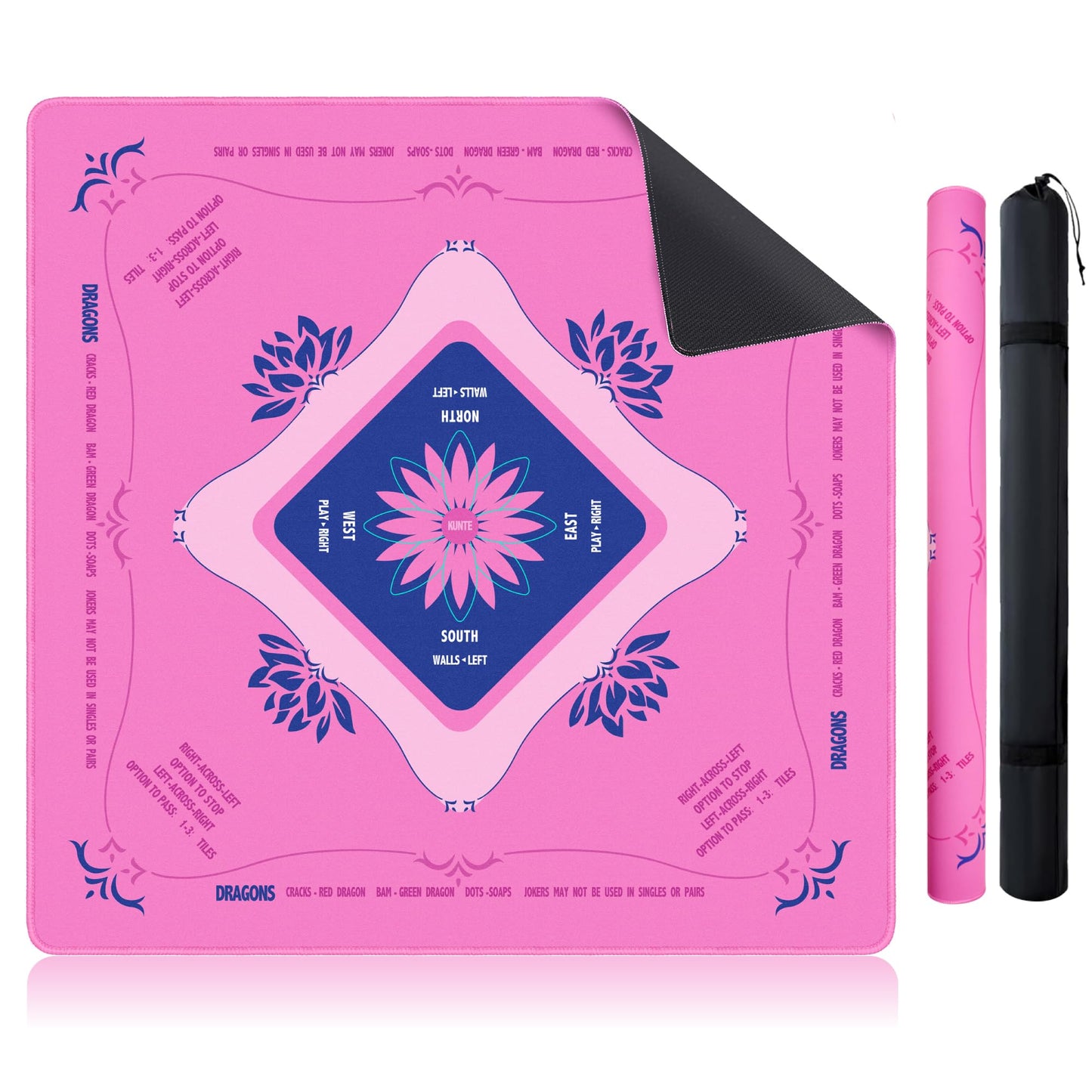 KUNTE Mahjong Mat for Table – 32x32 in Pink with Printed Rules | Non-Slip, Waterproof & Foldable