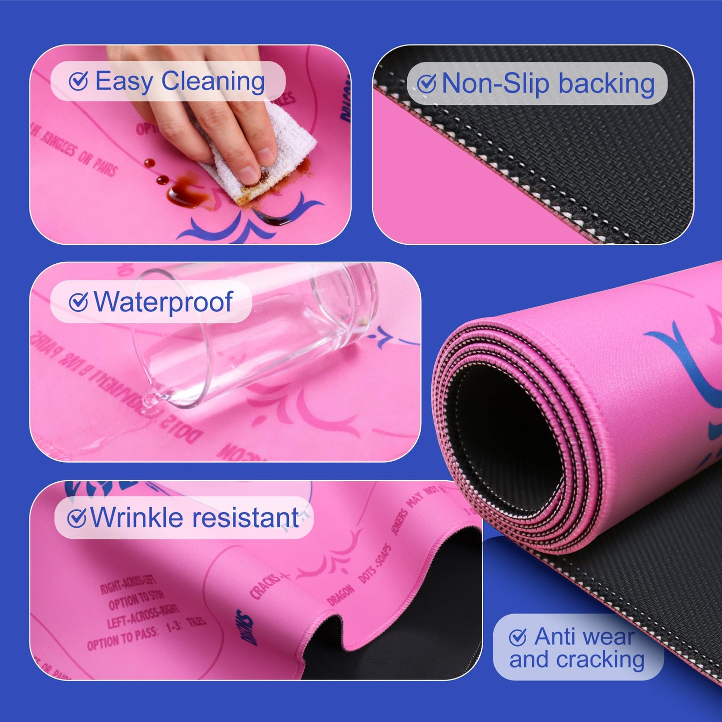 KUNTE Mahjong Mat for Table – 32x32 in Pink with Printed Rules | Non-Slip, Waterproof & Foldable